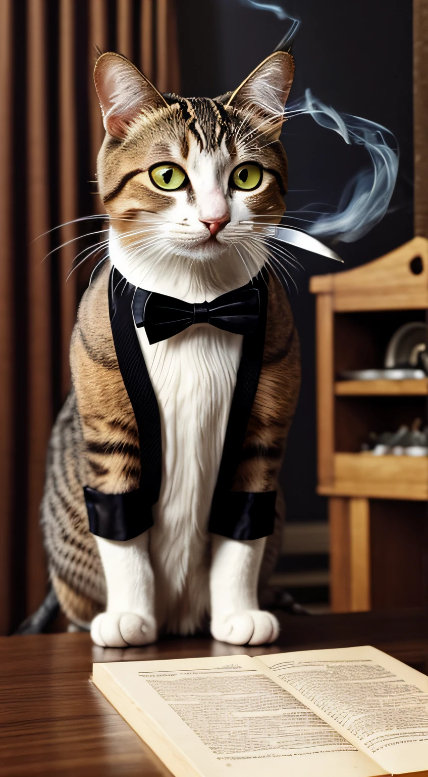 cat eating a mouse, sitting on desk, wears a smoking and has a fork and a knife, he gets served by human butlers, realistic graphic design