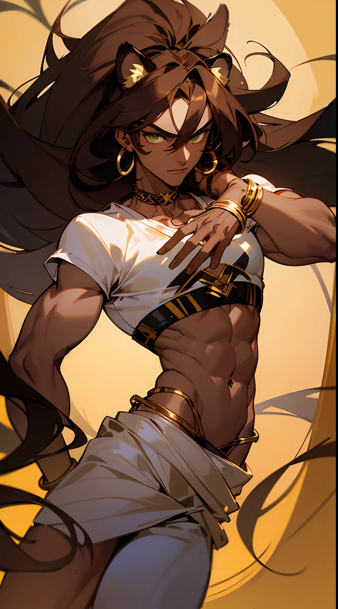 ((Beautiful man:1)) , ((Dark skin:1.5)) , (( Extremely long hair)) , ((Brown hair)) , ((male:1.4)) , full lips , Green eyes , ((has black Tiger ears:1)) , ((Crop top:1)) , ((Skinny build)) ,effeminate , age 32,

Wearing a golden top , golden choker , red and black waist wrap , metal golden rings around thighs, black high heel boots , hoop earrings, golden accessories,