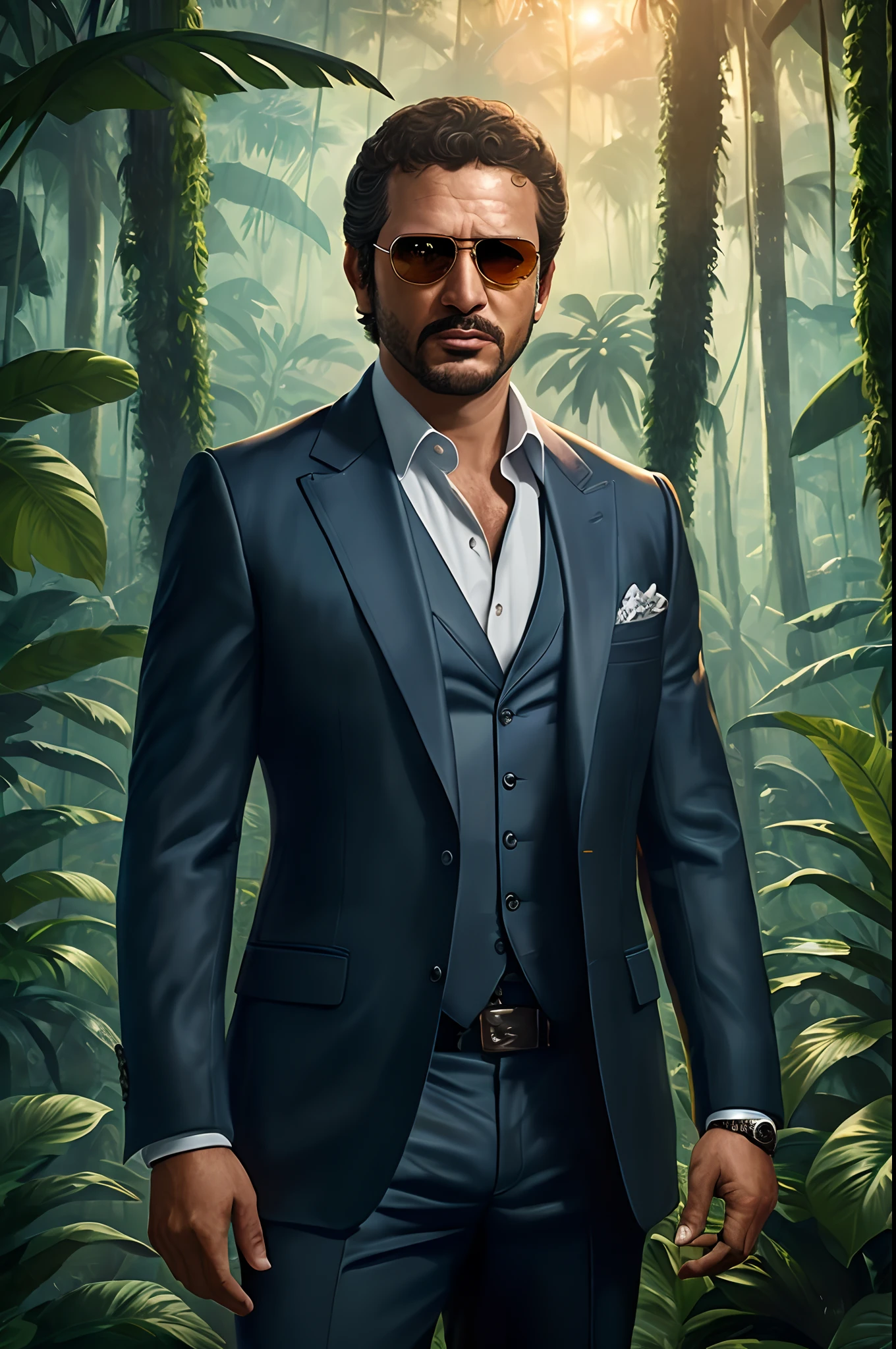 hiperrealista, Photograph of a man in a suit and sunglasses in a jungle, Epic portrait photography, epic and elegant portrait, Epic cinematic, foto detalhada da arte do jogo, Trend in the photo, Retrato de John Wick, Tony Montana, Tony Sart altamente detalhado, Iconic character of high detail, kingpin, retrato da foto do personagem, fanart requintada altamente detalhada, epic character portrait