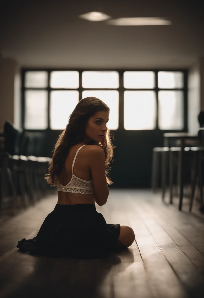View from below, girl sitting on her knees on the floor looking at the camera, beautiful, hot, sexy, school outfit with short skirt, panties exposed, dark room, mischievous expression, taking off clothes