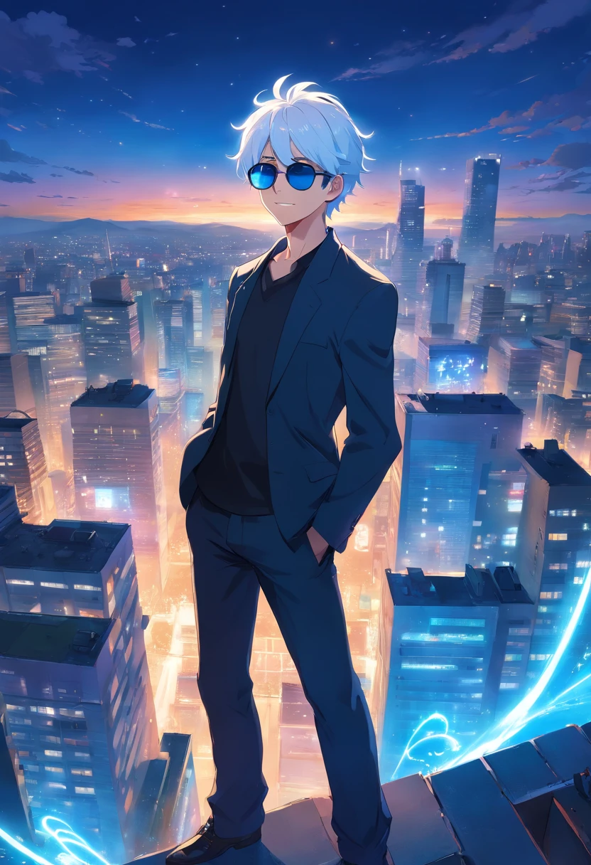 An anime man, dressed in black, Messy white hair, blue eyes, sunglasses, standing on top of a building smiling, dazzling blue light, Sparks of blue light circled the body, dynamic light effects, impressive aura, City background, full of building light,