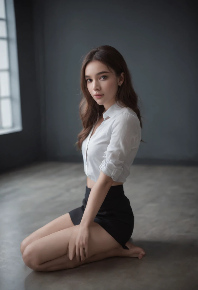 View from below, girl sitting on her knees on the floor looking at the camera, beautiful, hot, sexy, school outfit with short skirt, panties exposed, dark room, mischievous expression, taking off clothes