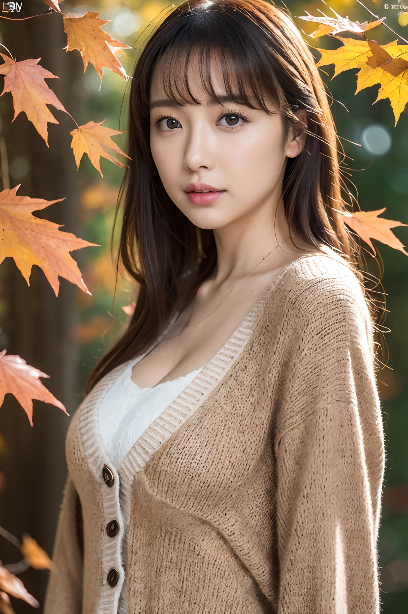 autumnal，Landscape of autumn leaves、Falling leaves，lacepantyhose，((Long cardigan with front closed、leggins、Tight pants))、depth of fields，Real Light，Ray traching，OC Renderer，UE5 Renderer，Hyper-realistic，best qualtiy，8K，Works of masters，super-fine，Correct anatomy、Asian Women, (8K、RAW Photos、top-quality、​masterpiece:1.2)、(realisitic、Photorealsitic:1.37)、25-years old、女の子1人、light brown hair、详细的脸、Detailed lips、detailedeyes、(huge-breasted:1.5)、Alafed Women,