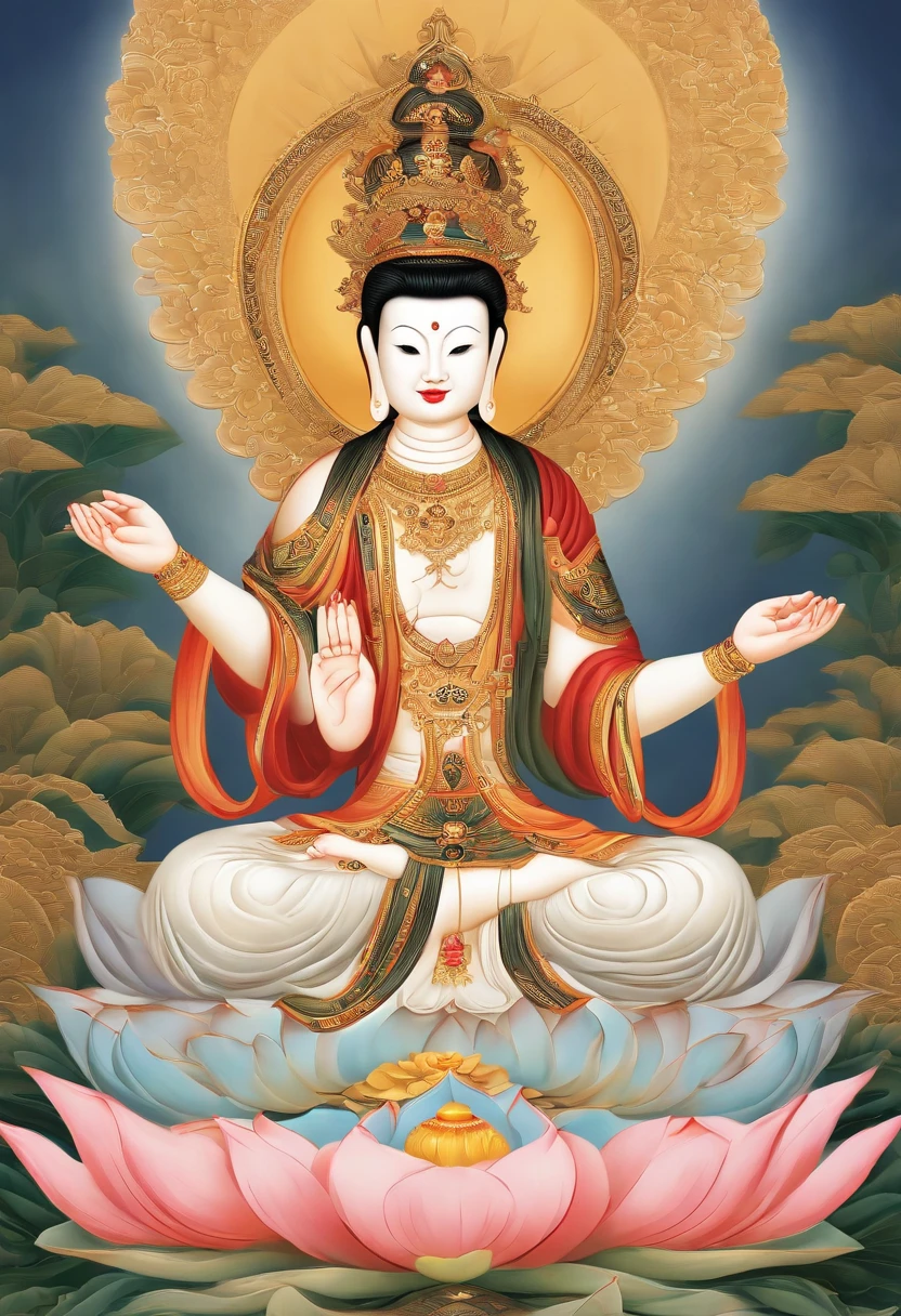 painting of a woman sitting on a lotus flower with a halo, guanyin, guanyin of the southern seas, sitting on a lotus flower, standing gracefully upon a lotus, contented female bodhisattva, pink lotus queen, ancient chinese goddess, inspired by Tang Yin, inspired by Lü Ji, goddess of love and peace, ancient chinese beauties