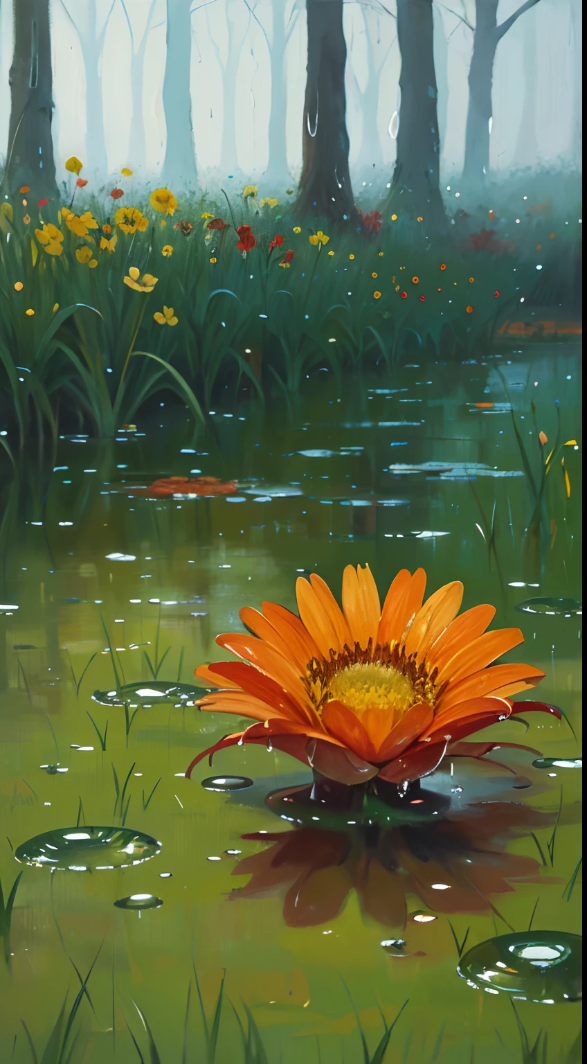 oil, masterpiece, an painting of a flower after rain, water drops,sad, gary colors, artistic, grass, florest and tress in the bacground, the image transmit and beautiful and sad emotions