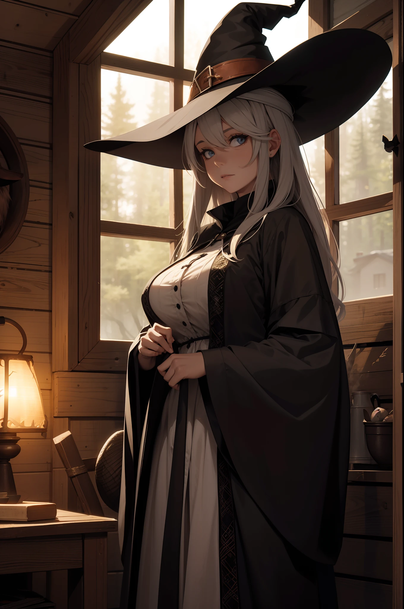 a witch with an over-sized hat by a whimsical cabin in the woods