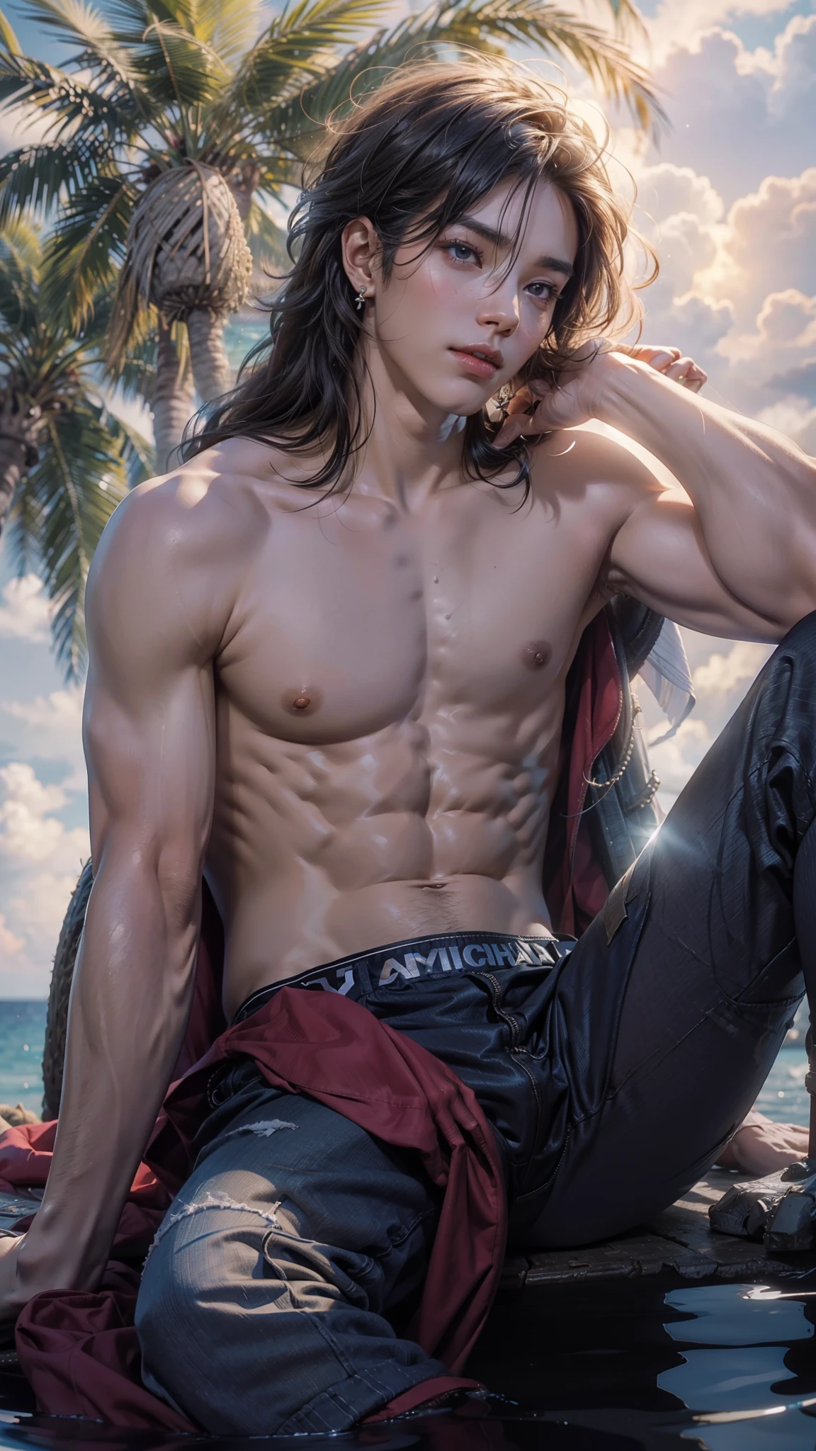 (max resolution: 1.2), (Ultra HDTV: 1.2), 8K resolution, Eye and skin details, face details, , (Sharp focus: 1.2), (Precise focus) sharp face: 1.2), Boy, Sitting, Long hair, Black hair, Wearing earrings, Shirtless, Exposed pecs, Six pack abs, transparent white briefs, Summer, Ocean water, Coconut trees, Sky Blue, White Clouds, Sunlight, Water Table
