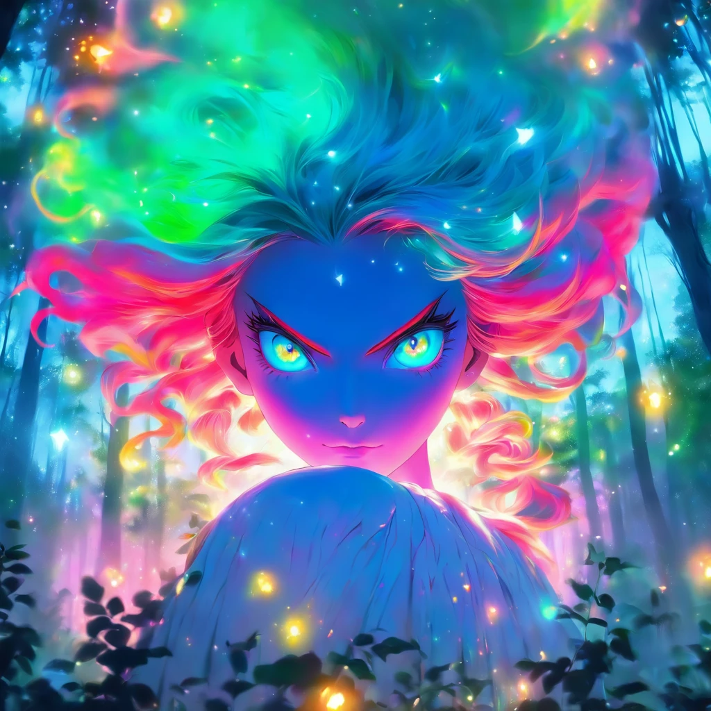 "female with glowing teal eyes,rainbow colored hair,witch,goddess,inside of a mystical forest,medium:oil painting,ultra-detailed,realistic,photorealistic,colorful,natural lighting,vibrant colors,soft and dreamy,ethereal atmosphere"