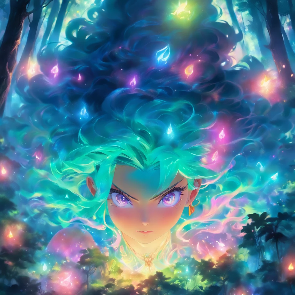 "female with glowing teal eyes,rainbow colored hair,witch,goddess,inside of a mystical forest,medium:oil painting,ultra-detailed,realistic,photorealistic,colorful,natural lighting,vibrant colors,soft and dreamy,ethereal atmosphere"