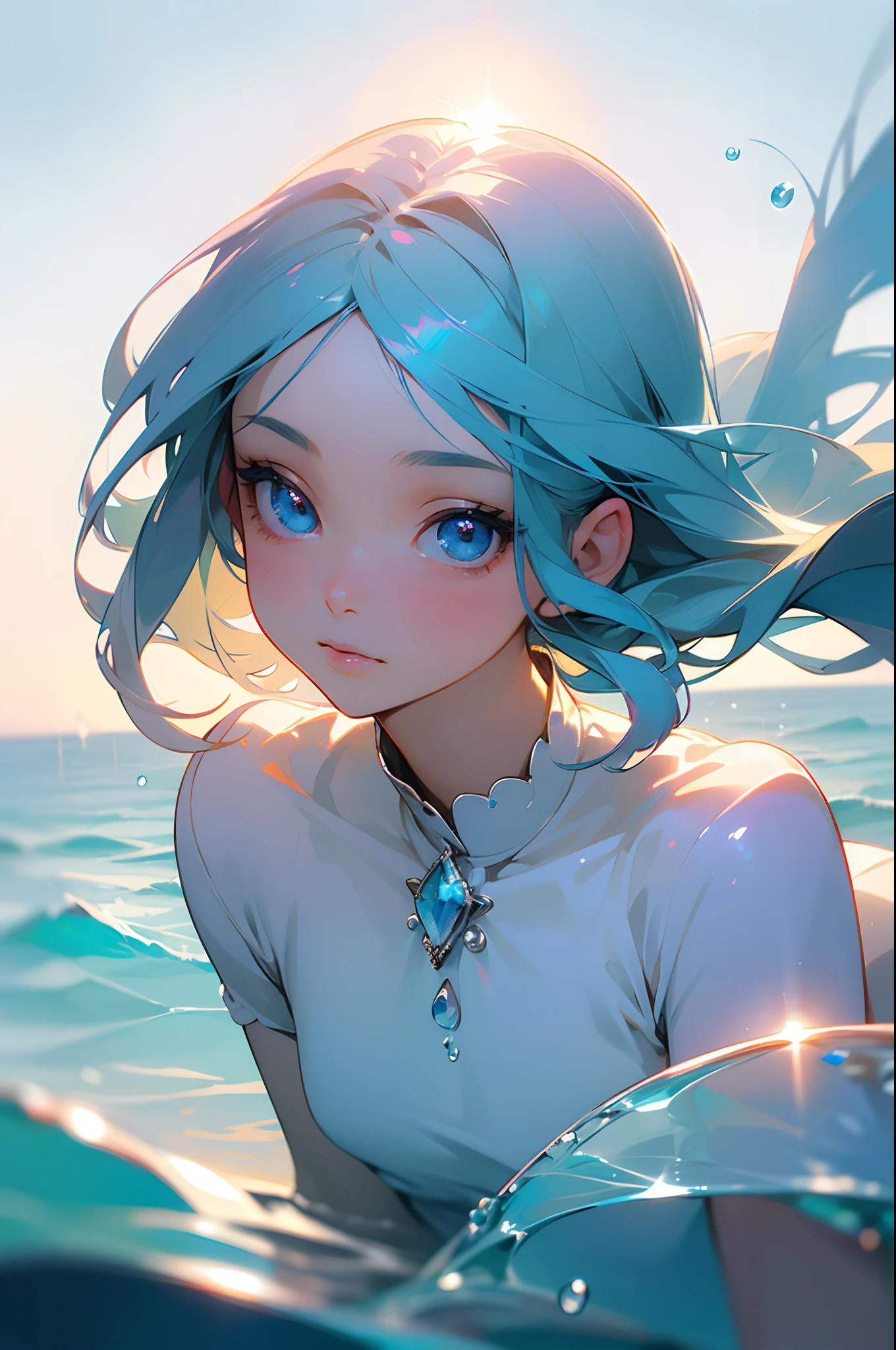 art by Cornflower, dreamy, (a girl who was petite and had beautiful detailed eyes. The depth of field in the photo was perfect, and the lens flare added a nice touch. The finely detailed features of her face really stood out, and the score for this photo was definitely greater than 10. In the background, there was a beautiful ocean with crystal clear water and water droplets on the surface. It was a stunning photo that really captured the beauty of the girl and the water.)