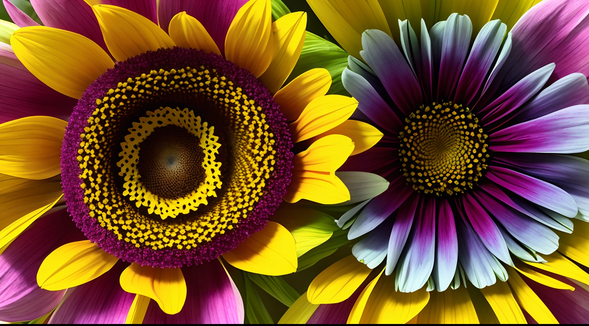Imagine a microcamera inside a gigantic flower, camera films pollen, the multicolored petals seen from an internal angle, mostrando abaixp um imenso jardim