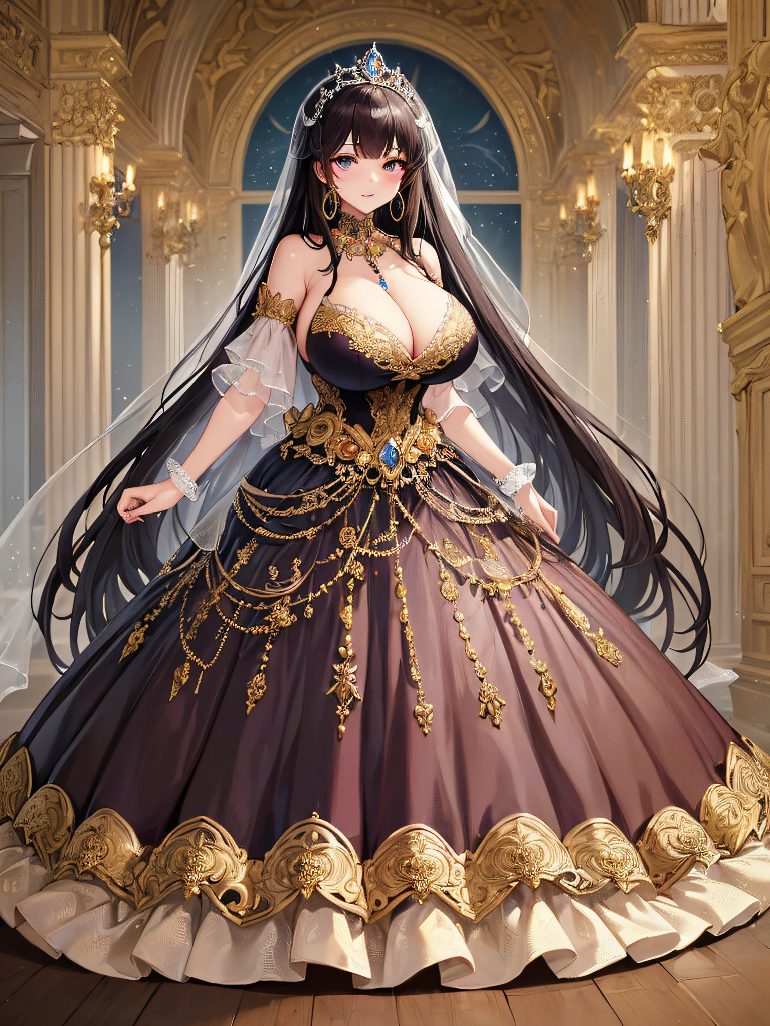((anime artstyle)),(Masterpiece),(Best Quality), (Super Detail),((Very Delicate and Beautiful)),(moe anime art style:1.3),1 girl,((full body portrait)),standing in palace of versailles,((solo)),cute,kawaii,digital art,(((1 princess in gorgeous princess rococo ballgown with voluminous full length hoop skirt))),((crinoline)),long train,((beautiful embroidery and jeweled)),voluminous frills,See-through,(gorgeous embroidery and beautiful lace),(((gigantic tits,skindentation))),((large amount of straight hair,extremely voluminous Hair,Very Long Straight Hair)),((finely detailed face and eyes)),clear pupil,extremely gorgeousfull hair ornament,(bling-bling jeweled extremely gorgeousfull tiara),(bling-bling gorgeous gemstone jewelry),long veil,(beautiful background),full body,((gorgeous princess rococo ballgown with voluminous full length hoop skirt))
