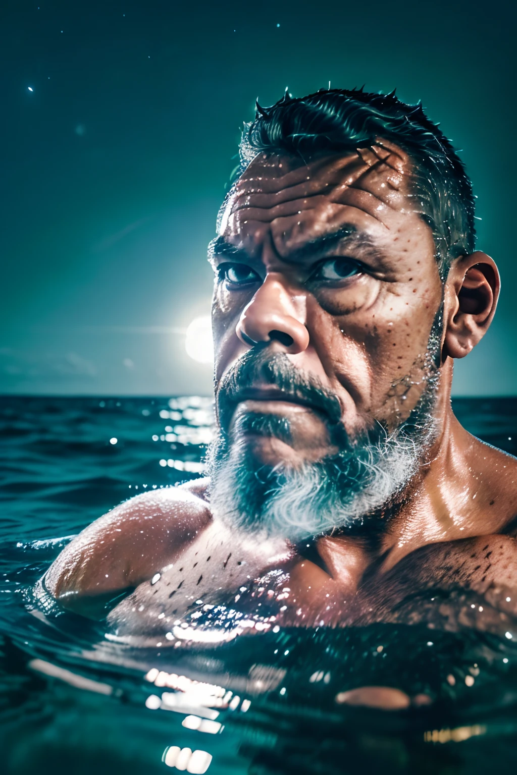 guttoepic2, Professional photography style, half-body portrait of a middle-aged man with graying hair and beard, hairy chest and belly. Burly. He is in the sea, with only half of his body submerged in the water. Looking at the camera, moonlit night, full moon, ambient lighting, water reflection. Extremely realistic