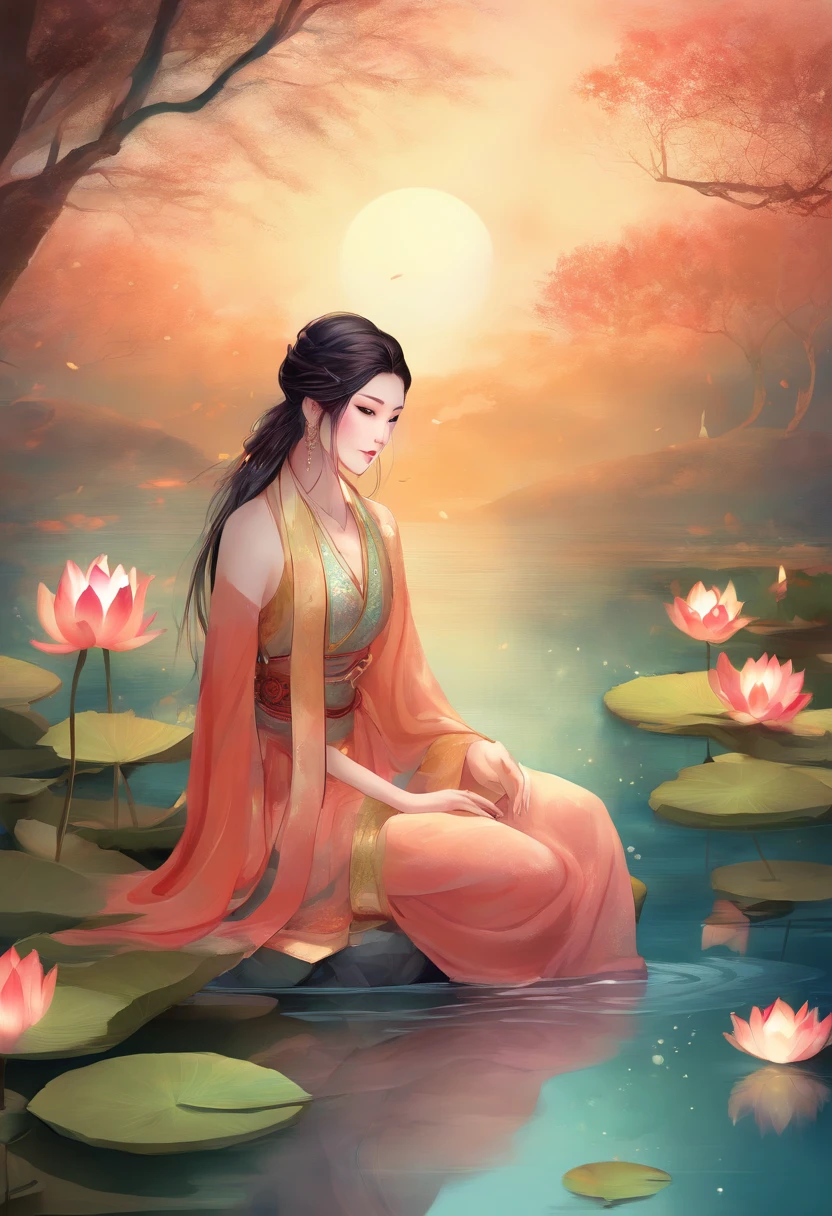 There is a lake full of lotus flowers,Feet playing with water,Art depicts a charming woman,Melon seed face,Dressed in a flowing manner、Silky traditional oriental dress,Long model,water blue,Decorated with intricate patterns and bright colors。Her dress draped elegantly over her curvy figure,Highlights her seductive silhouette。She sits gracefully by the tranquil lotus lake,Feet playing with water,bathed in the soft glow of the moonlight。The scene exudes an ethereal and dreamy atmosphere,With a touch of mystery and sexiness。The image style incorporates watercolor and digital illustration techniques,It evokes a refined beauty and charm。The lights are filled with soft moonlight,casting soft highlights and shadows on her charming features。Bare thighs,Bigchest,Three-dimensional facial features,sitted,your legs,Side braids