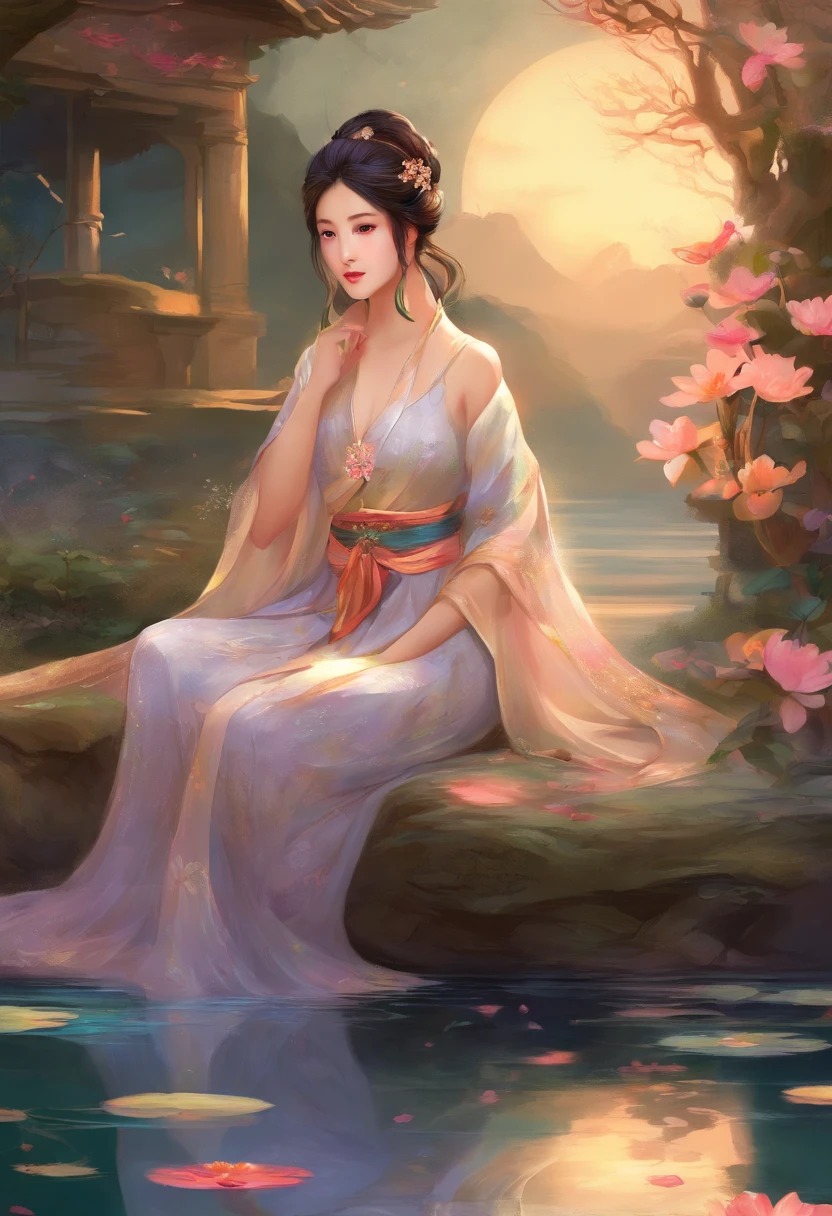 There is a lake full of lotus flowers,Feet playing with water,Art depicts a charming woman,Melon seed face,Dressed in a flowing manner、Silky traditional oriental dress,Long model,water blue,Decorated with intricate patterns and bright colors。Her dress draped elegantly over her curvy figure,Highlights her seductive silhouette。She sits gracefully by the tranquil lotus lake,Feet playing with water,bathed in the soft glow of the moonlight。The scene exudes an ethereal and dreamy atmosphere,With a touch of mystery and sexiness。The image style incorporates watercolor and digital illustration techniques,It evokes a refined beauty and charm。The lights are filled with soft moonlight,casting soft highlights and shadows on her charming features。Bare thighs,Bigchest,Three-dimensional facial features,sitted,your legs,Side braids