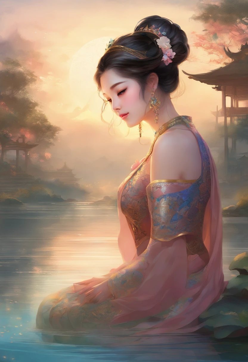 There is a lake full of lotus flowers,Feet playing with water,Art depicts a charming woman,Melon seed face,Dressed in a flowing manner、Silky traditional oriental dress,Long model,water blue,Decorated with intricate patterns and bright colors。Her dress draped elegantly over her curvy figure,Highlights her seductive silhouette。She sits gracefully by the tranquil lotus lake,Feet playing with water,bathed in the soft glow of the moonlight。The scene exudes an ethereal and dreamy atmosphere,With a touch of mystery and sexiness。The image style incorporates watercolor and digital illustration techniques,It evokes a refined beauty and charm。The lights are filled with soft moonlight,casting soft highlights and shadows on her charming features。Bare thighs,Bigchest,Three-dimensional facial features,sitted,your legs,Side braids