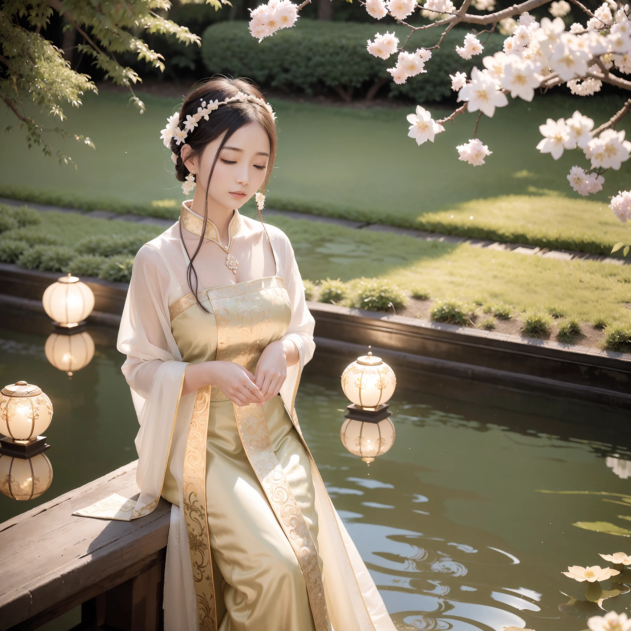 (Best quality,A high resolution,Masterpiece:1.2),Ultra-detailed,(Realistic,Photorealistic,photo-realistic:1.37),Chinese ancient style,Moon Watching Girl,Romantic,Palace Gardens,Flowing silk dress,Gentle breeze,Soft moonlight,Lush cherry blossom trees,Lotus pond,Decorative lanterns,Tranquil atmosphere,Subtle reflections in the water,Delicate embroidery,Ethereal beauty,A new moon in the sky,chirping birds,Serene expression,Serene gaze,Graceful posture,Traditional hair accessories,Willow branches sway gently,Soothing background music,Jade jewelry,Porcelain teacup,Ancient architecture,Majestic palace,Exquisite details of carvings and paintings,Sparkling gold accents,A tranquil color palette,Tranquil lotus scent,nostalgic feeling,Timeless and elegant,A harmonious fusion of nature and human creation,Yin and Yang balance.