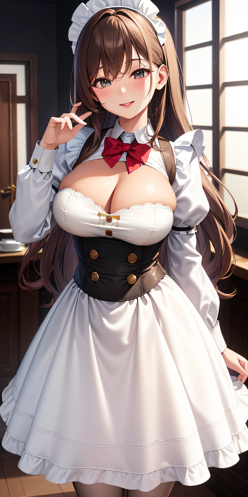 (close shot, best quality:1.5, highres, UHD, 4K, detailed lighting, shaders), brown wavy hair, large breasts, maid cafe clothes, (pov), smiling, standing, white background