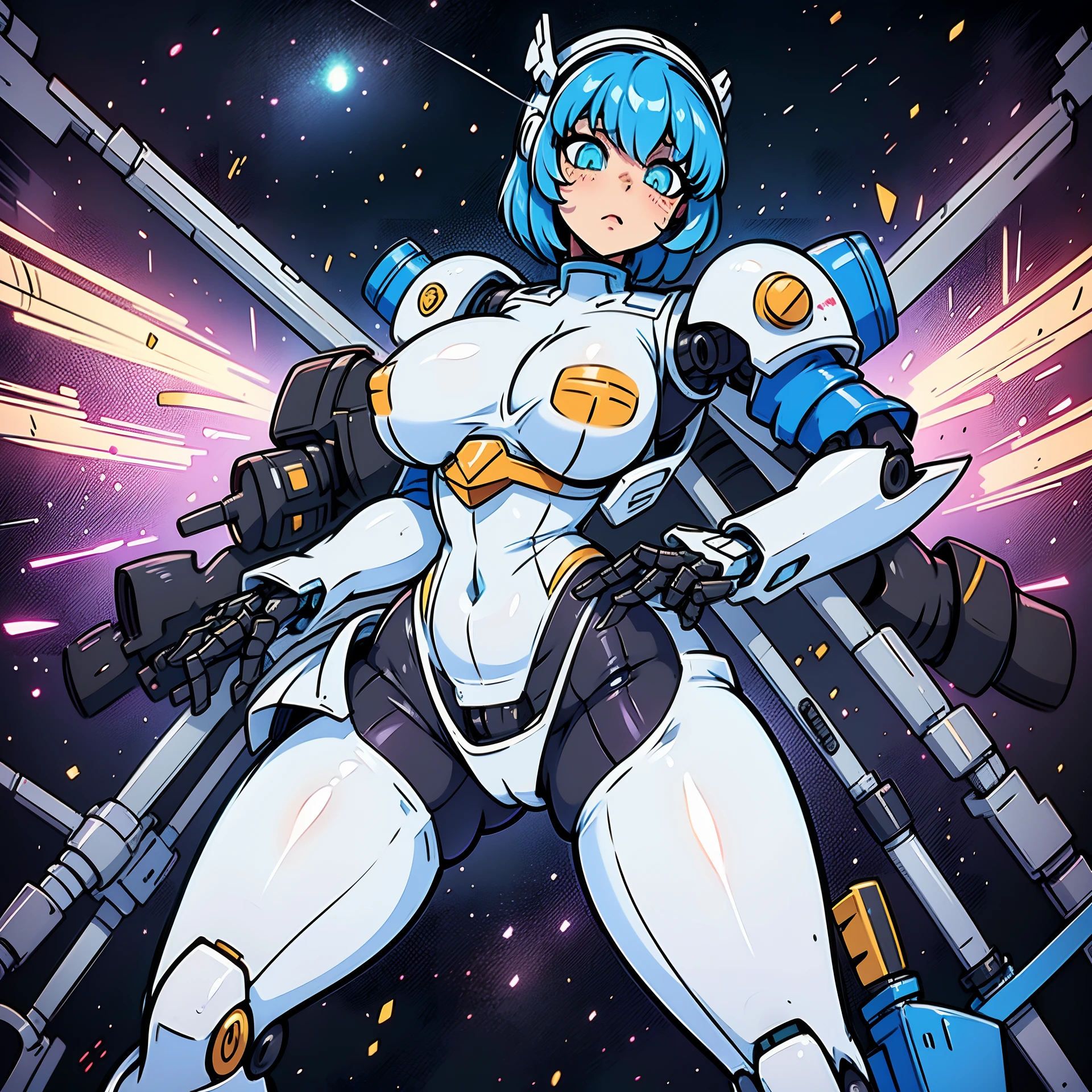 cyborg goddess in cosmos, cute, sexy, anime character with blue hair and white body standing in front of a space background, portrait anime space cadet girl, ayanami, girl in mecha cyber armor, android heroine, fully robotic!! catgirl, mechanized valkyrie girl, anime manga robot!! anime girl, perfect anime cyborg woman, fully robotic!! girl, rei ayanami,