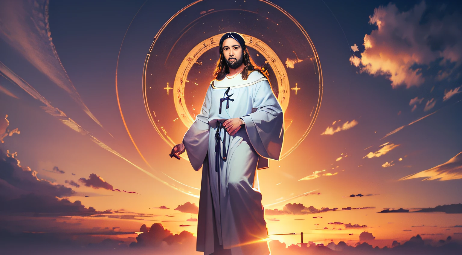 A portrait of Jesus, full body, sky, clouds, sunset, sacred aura, cinematic, realistic light