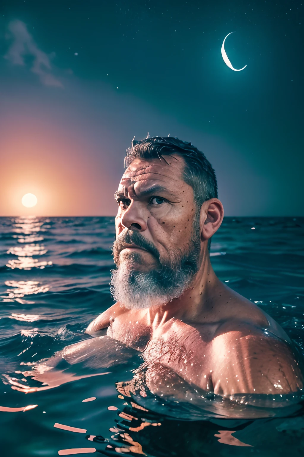 guttoepic2, Professional photography style, half-body portrait of a middle-aged man with graying hair and beard, hairy chest and belly. Burly. He is in the sea, with only half of his body submerged in the water. Looking at the camera, moonlit night, full moon, ambient lighting, water reflection. Extremely realistic