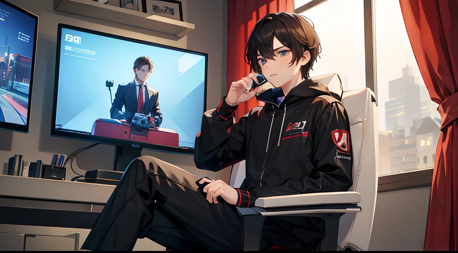 A brunette boy sitting in a gaming chair with video game control in hand and Setap Atras