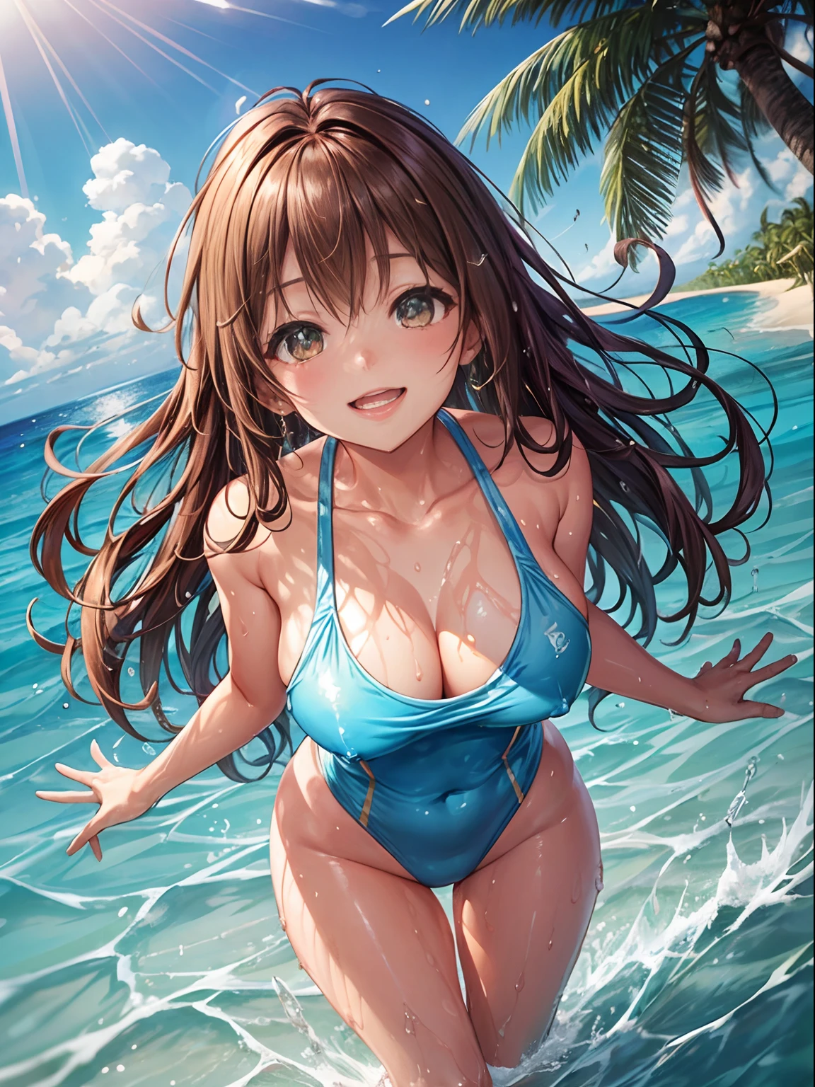 top-quality、Full limbs、complete fingers、One beautiful woman、Beautiful Large Breasts、straight haired、Brown-haired hair、Light blue competitive swimsuit、Wet texture、A big smile、Resorts、Maldives、Light blue water surface、sexypose、Frolicking at the water's edge、Water splashes
