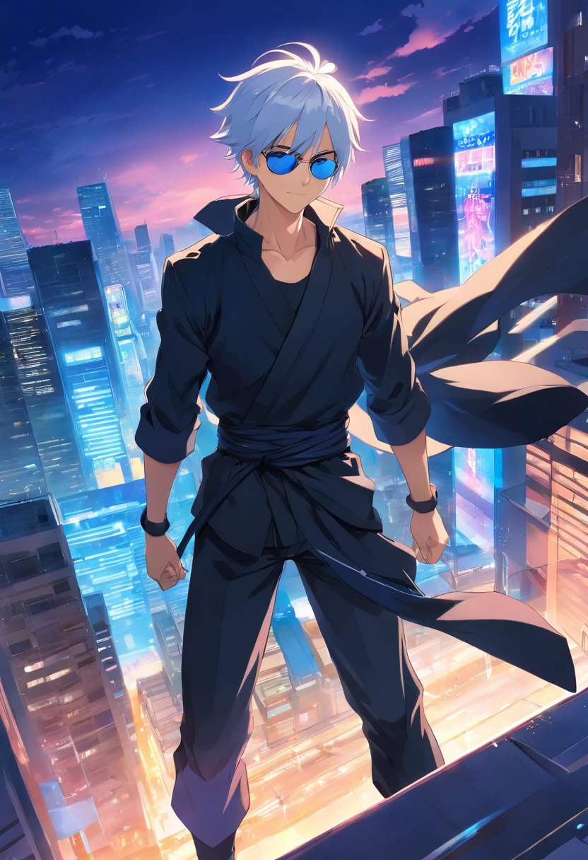 An anime man, Dressed in black ninja style, White hair messy in the wind, blue eyes, sunglasses, standing on top of a building smiling, dazzling blue light, Sparks of blue light circled the body, dynamic light effects, impressive aura, City background, full of building light,