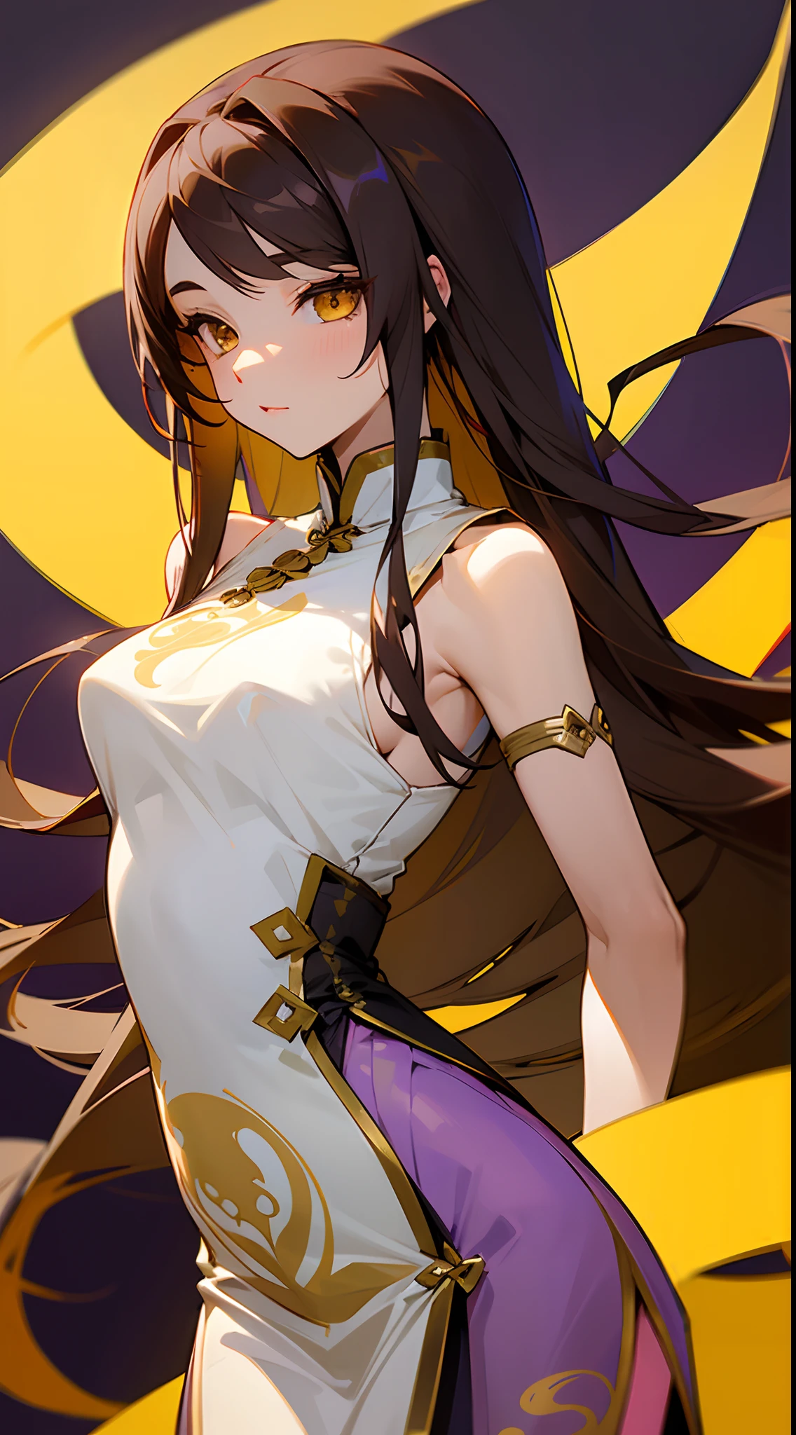 Beautiful woman , very long hair , dark brown hair , gold eyes , lean body , yellow under hair , age 26

Wearing a white dress, purple and gold trim , black straps, sleeveless , long white arm bands , modern Qipao, Sexy , light purple accessories ,