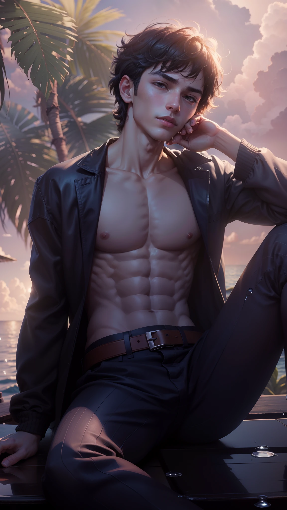 (max resolution: 1.2), (Ultra HDTV: 1.2), 8K resolution, Eye and skin details, face details, , (Sharp focus: 1.2), (Precise focus) sharp face: 1.2), Boy, Sitting, Short hair, Black hair, Shirtless, Exposed pecs, Six pack abs, transparent white briefs, Summer, Ocean water, Coconut tree, Blue sky, White clouds , Sunlight, Table made of water