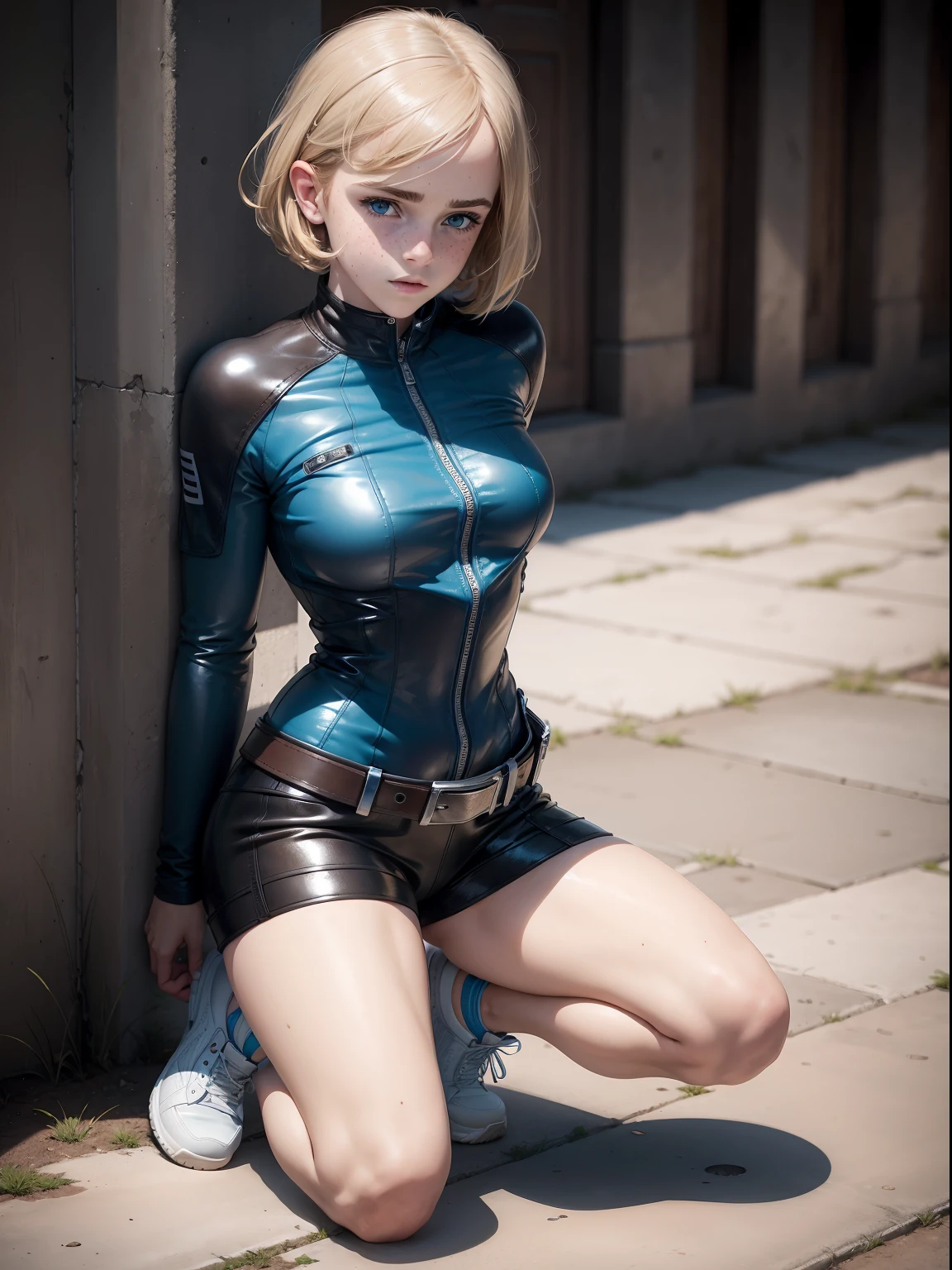 Android 18 from dragon ball z, blue eyes, with gloves, sexy, hot, naked