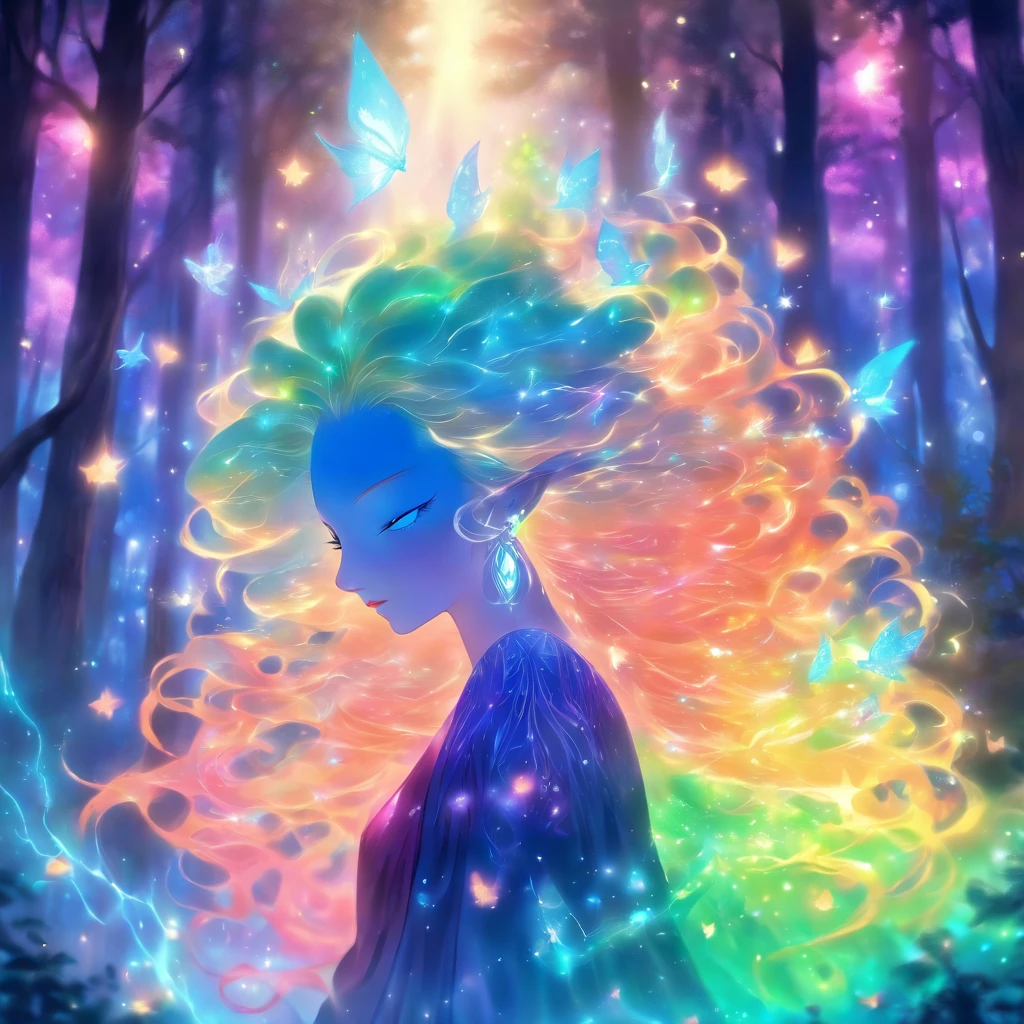 (best quality,highres,ultra-detailed),female with glowing teal eyes,rainbow colored hair,casting glowing spells,mystical forest,witch,goddess,medium:oil painting,beautiful detailed lips,dark and mysterious atmosphere,flowing gown,ethereal light,sorcery and magic,soothing calmness,inspiration from fantasy novels and mythology,enchanted creatures,peaceful and serene background,dream-like setting,vibrant colors and rich textures,creation surrounded by nature,whimsical and mystical elements,harmonious and enchanting ambiance,luminous glow of the spells,graceful and powerful posture,alluring and captivating aura,eyes shining with ancient wisdom,transformation and metamorphosis,unveiling the hidden mysteries of the forest,otherworldly energy and power,feminine strength and elegance,dark and vibrant color palette,soft and delicate brush strokes,exquisite attention to detail,revealing the power of nature and its delicate balance,awakening the mystical connection between humans and the natural world,bringing forth the hidden beauty and secrets of the forest,transcending reality and entering a realm of enchantment and wonder.