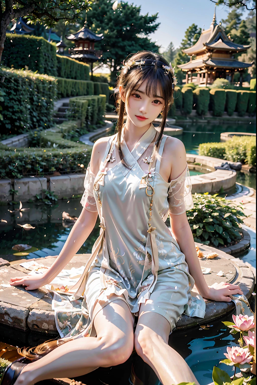 (Best quality,A high resolution,Masterpiece:1.2),Ultra-detailed,(Realistic,Photorealistic,photo-realistic:1.37),Chinese ancient style,Moon Watching Girl,Romantic,Palace Gardens,Flowing silk dress,Gentle breeze,Soft moonlight,Lush cherry blossom trees,Lotus pond,Decorative lanterns,Tranquil atmosphere,Subtle reflections in the water,Delicate embroidery,Ethereal beauty,A new moon in the sky,chirping birds,Serene expression,Serene gaze,Graceful posture,Traditional hair accessories,Willow branches sway gently,Soothing background music,Jade jewelry,Porcelain teacup,Ancient architecture,Majestic palace,Exquisite details of carvings and paintings,Sparkling gold accents,A tranquil color palette,Tranquil lotus scent,nostalgic feeling,Timeless and elegant,A harmonious fusion of nature and human creation,Yin and Yang balance.