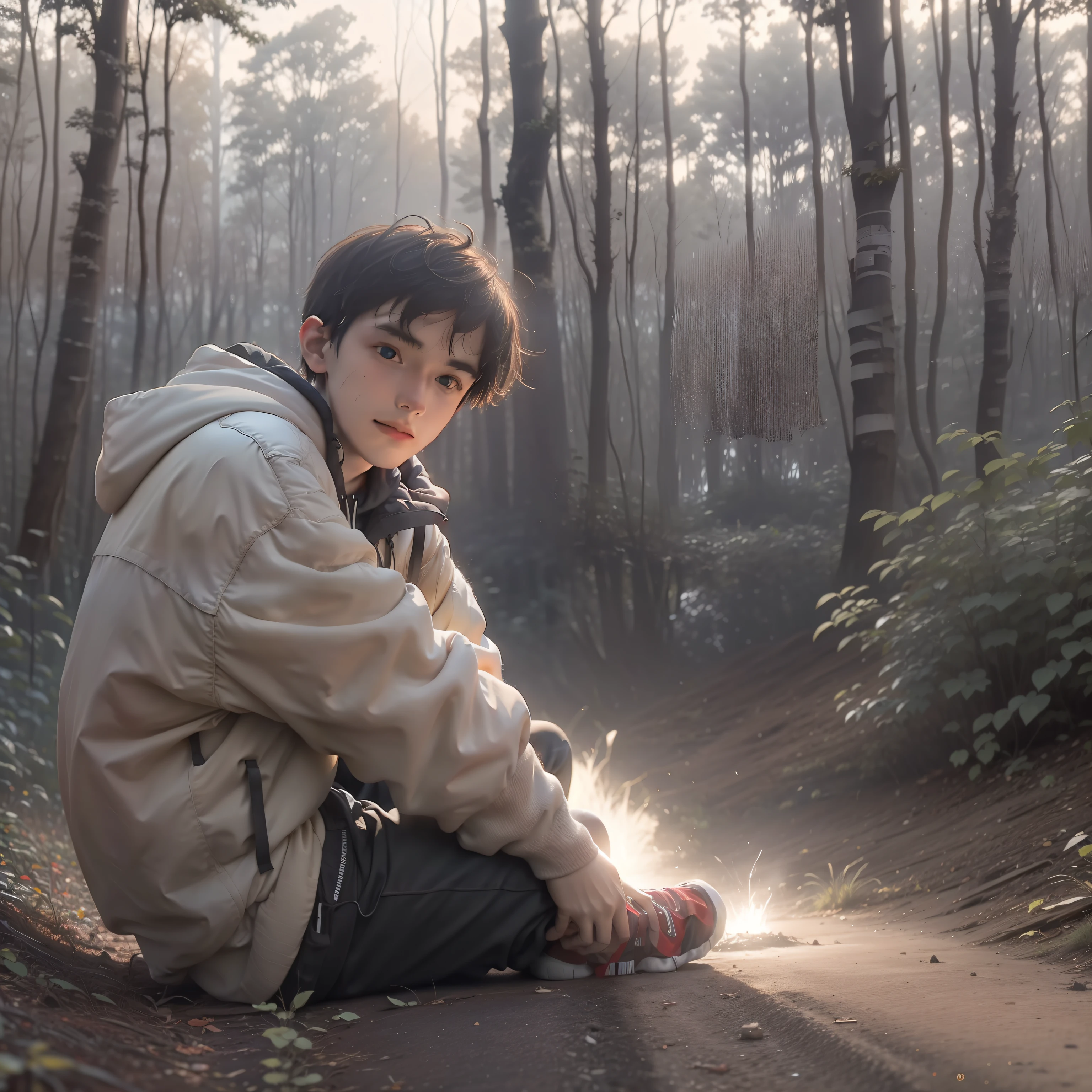Boy, white, sad, , sitting in the forest --auto --s2