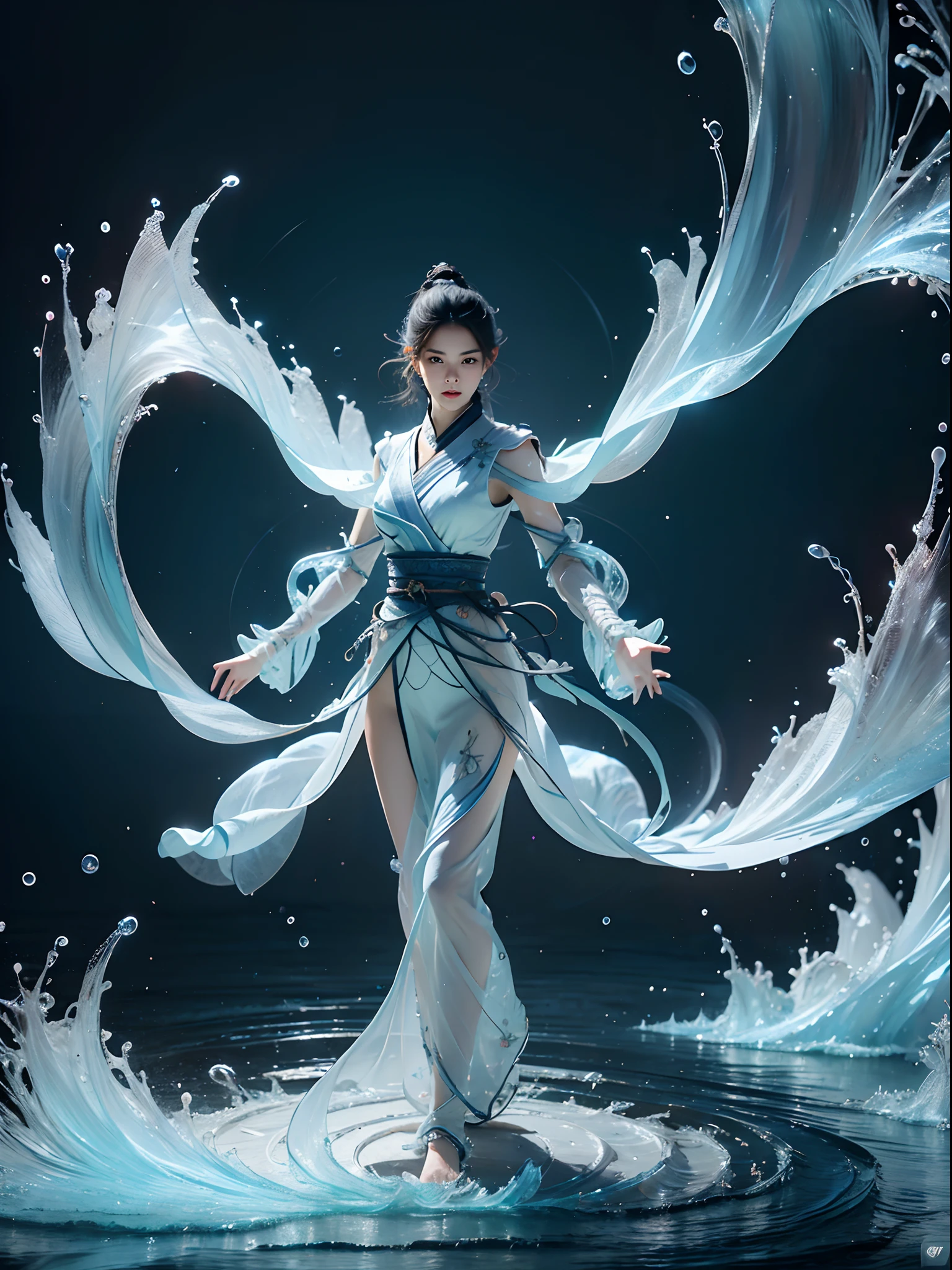 beautiful teen girl, full body, slim body, detailed and accurate depth of fields，8K, A high resolution, masterpiece, beautiful wallpapers, high quality, high detail, the perfect face, crystallineAI, fractal art, splash, yushui, river, fighting pose
