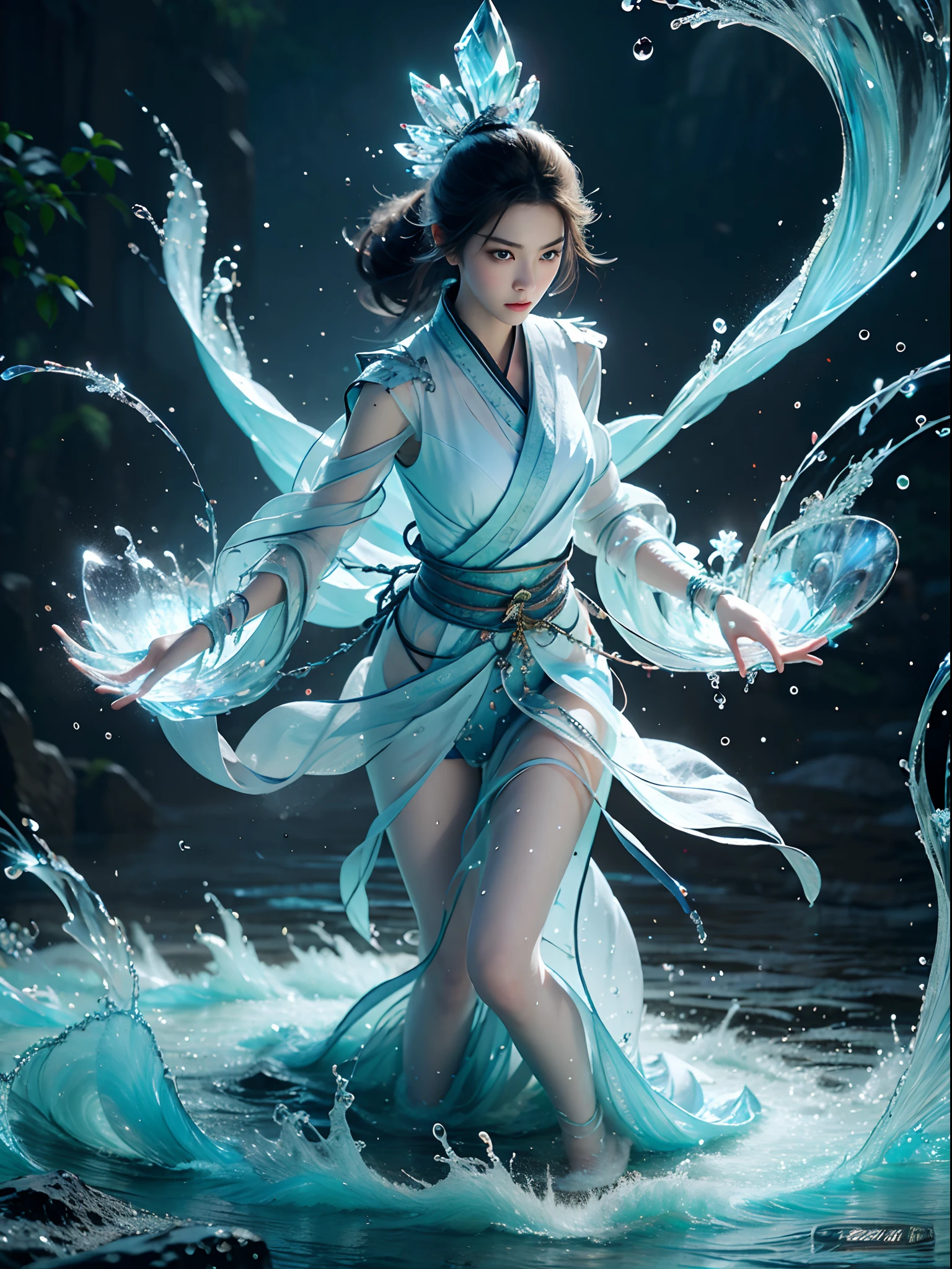 beautiful , full body, slim body, detailed and accurate depth of fields，8K, A high resolution, masterpiece, beautiful wallpapers, high quality, high detail, the perfect face, crystallineAI, fractal art, splash, yushui, river, fighting pose