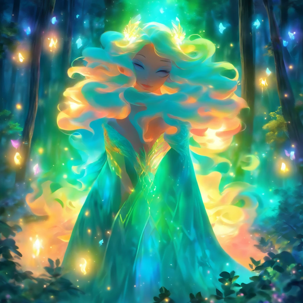 (best quality,highres,ultra-detailed),female with glowing teal eyes,rainbow colored hair,casting glowing spells,mystical forest,witch,goddess,medium:oil painting,beautiful detailed lips,dark and mysterious atmosphere,flowing gown,ethereal light,sorcery and magic,soothing calmness,inspiration from fantasy novels and mythology,enchanted creatures,peaceful and serene background,dream-like setting,vibrant colors and rich textures,creation surrounded by nature,whimsical and mystical elements,harmonious and enchanting ambiance,luminous glow of the spells,graceful and powerful posture,alluring and captivating aura,eyes shining with ancient wisdom,transformation and metamorphosis,unveiling the hidden mysteries of the forest,otherworldly energy and power,feminine strength and elegance,dark and vibrant color palette,soft and delicate brush strokes,exquisite attention to detail,revealing the power of nature and its delicate balance,awakening the mystical connection between humans and the natural world,bringing forth the hidden beauty and secrets of the forest,transcending reality and entering a realm of enchantment and wonder.