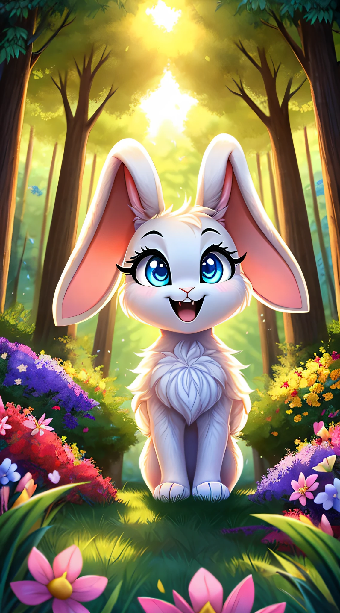zoomed out image, fantasy style art, cute, adorable, little fluffy female white bunny with blue eyes, 2 extra ears, 4 ears, big floppy ears, long ears, ears perked up, raised ears, long eyelashes, poofy rabbit tail, smiling, standing in a forest, big expressive smile, open mouth, wide eyes, excited eyes, excited face, stunning visuals, sunlight coming through the trees, colorful flowers scattered in the bushes, digital illustration