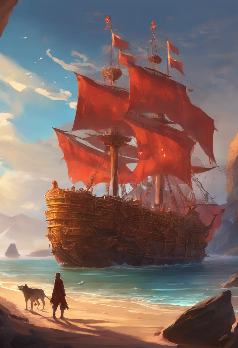 Um grande navio de madeira, com as bandeiras vermelhas que contem o esqueleto de um cerberus nelas, In front of the ship has carved three dog heads, representando um cerberus. Motor Unreal 5, anime, estilo anime, master part, navio bem desenhado, navio bem detalhados, cerberus bem detalhado, 8k, Efeito de Luz e Sombra.