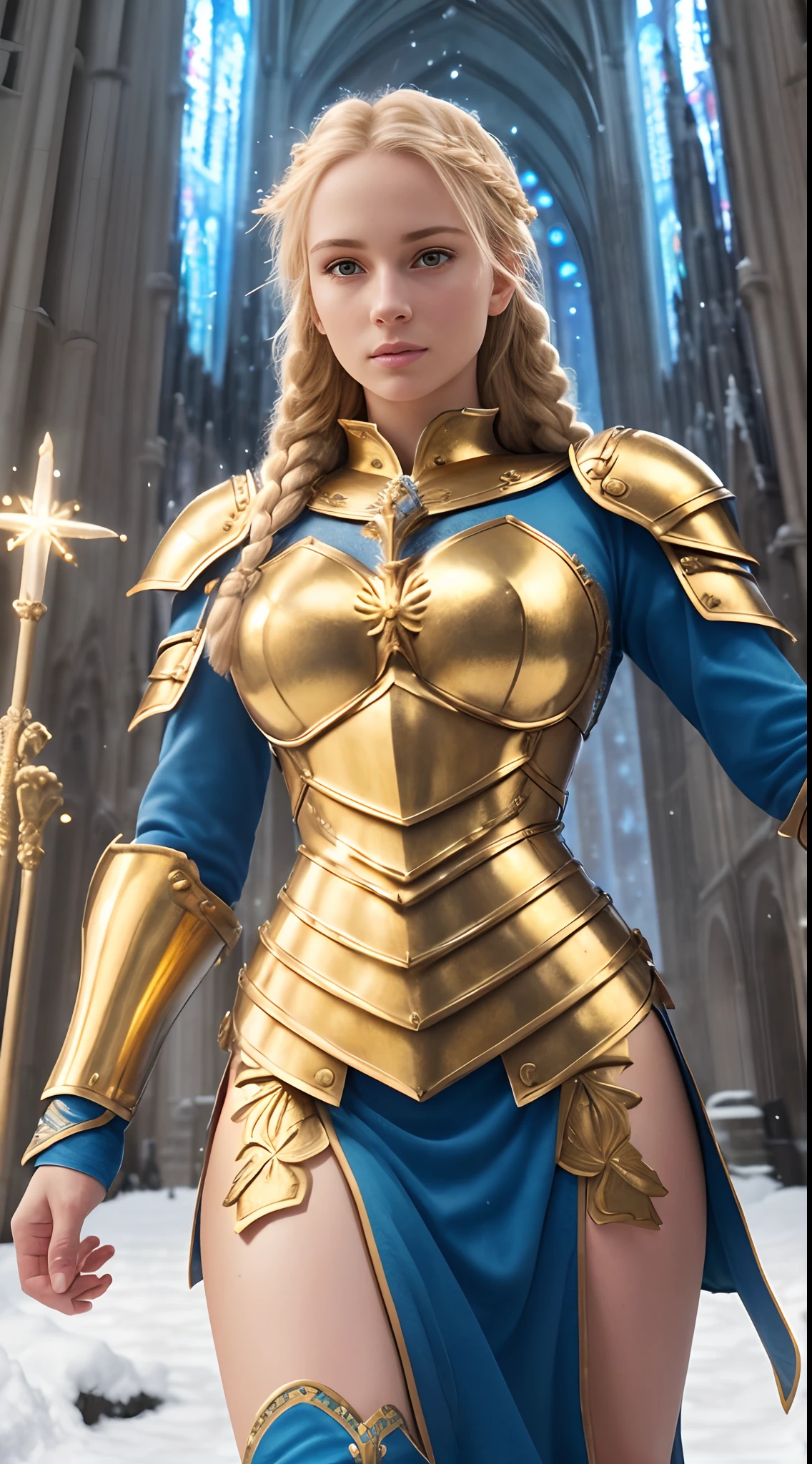 Photorealistic Selfie Image of Gorgeous British Female Knight, (Braided Blonde Hair:1.4), (One Person), (Golden Ornated Knight armor with Blue Inner Dress:1.4), (Serious Face), (Athletic Body:1.4), (Pale Skin:1.4), (Detailed Luminescent Particles:1.4), (Vibrant Colors:1.3), (Dynamic Pose:1.4), (Snowy Cathedral at Noon:1.4), Centered, (Half Body Shot), (From Front Shot:1.4), Insane Details, Intricate Face Detail, Intricate Hand Details, Cinematic Shot and Lighting, Realistic Colors, Masterpiece, Sharp Focus, Ultra Detailed, Taken with DSLR camera, Realistic Photography, Depth of Field, Incredibly Realistic Environment and Scene, Master Composition and Cinematography