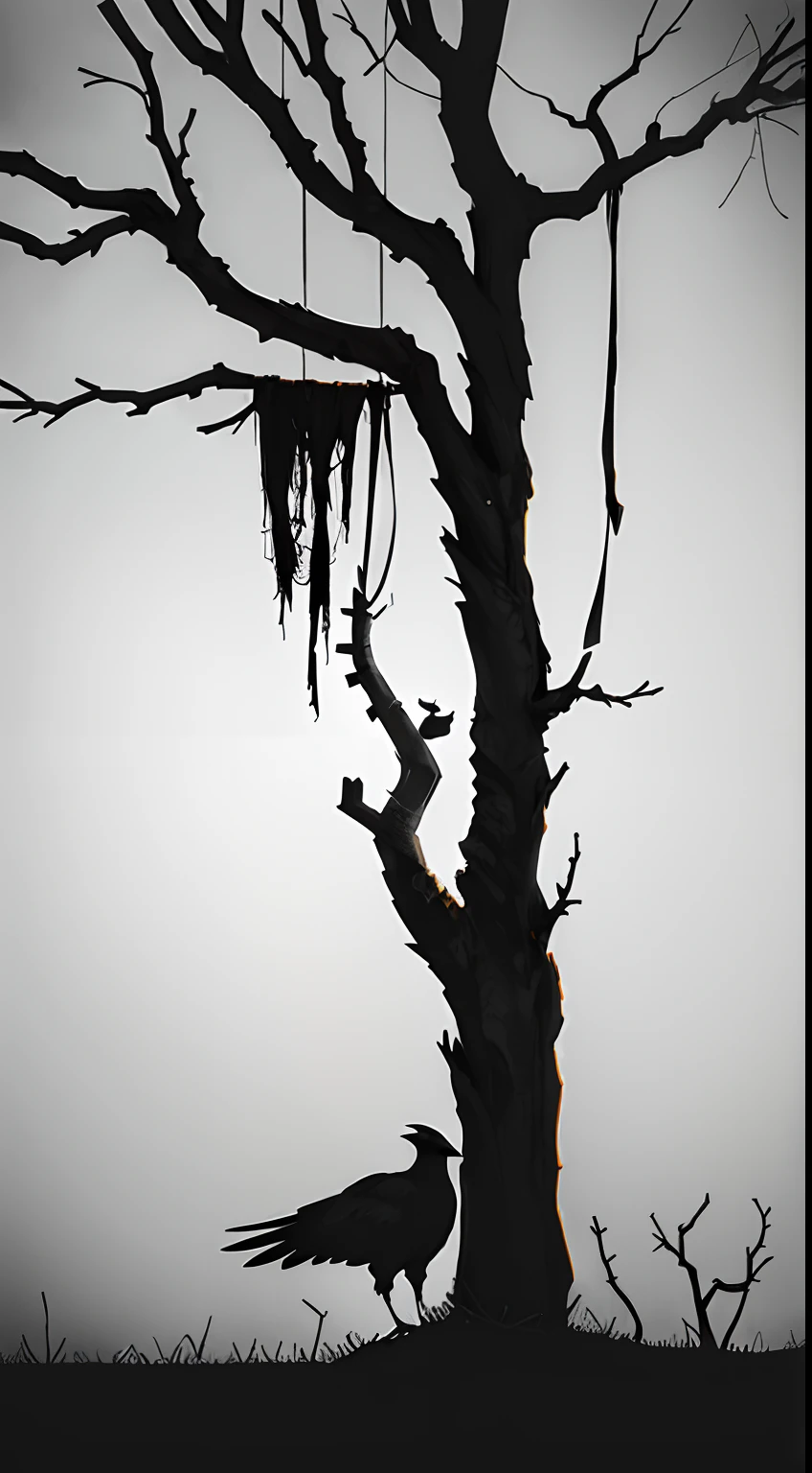 oil, a dead tree, sadness, gray, empty feeling,loniless, branches, fog, horror, moon, artistic, sad emotions cinematic image,crows, death,danger