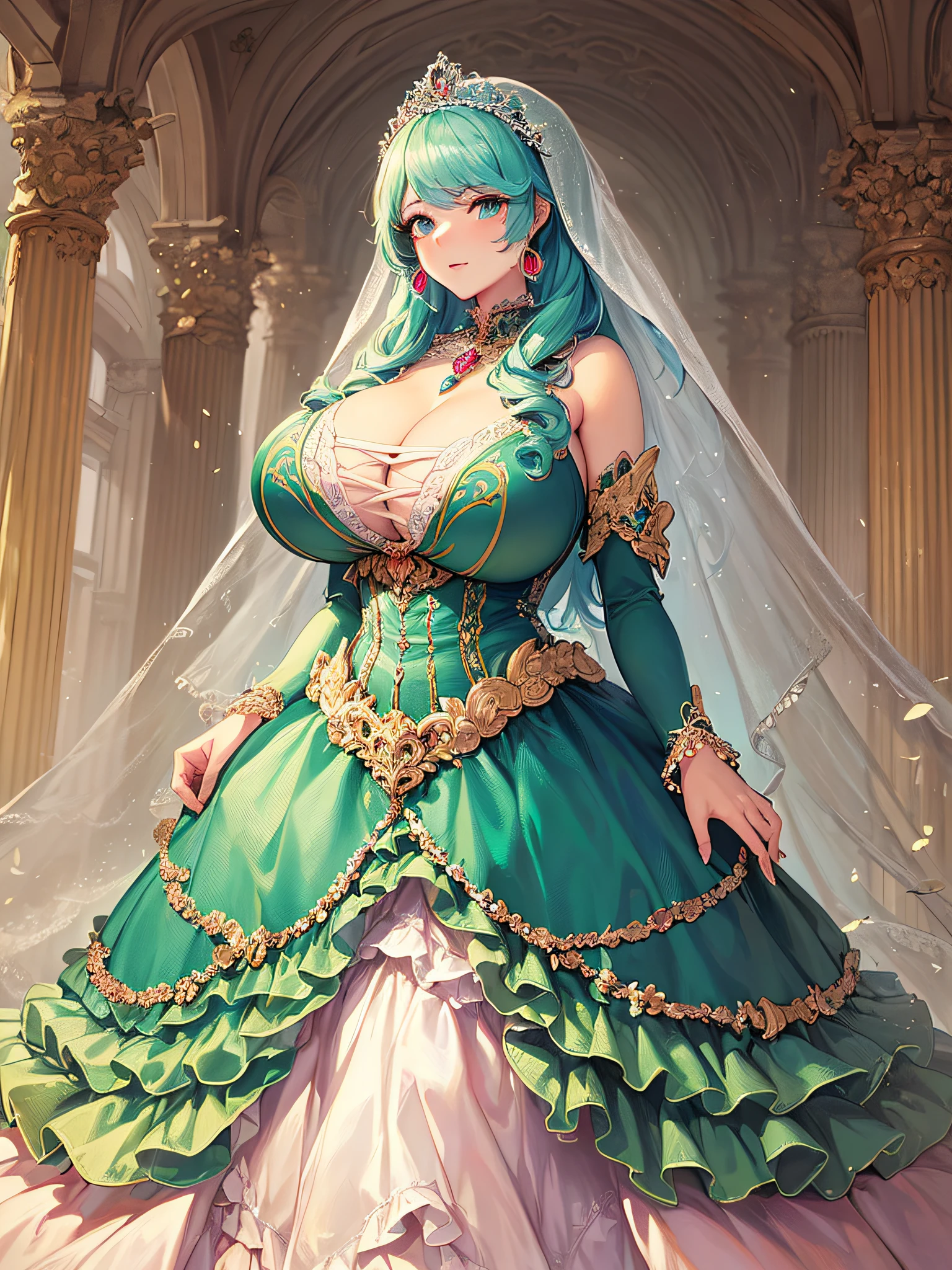 ((anime artstyle)),(Masterpiece),(Best Quality), (Super Detail),((Very Delicate and Beautiful)),(moe anime art style:1.3),1 girl,((full body portrait)),standing in palace of versailles,((solo)),cute,kawaii,digital art,(((1 princess in gorgeous princess rococo ballgown with voluminous full length hoop skirt))),((crinoline)),long train,((beautiful embroidery and jeweled)),voluminous frills,See-through,(gorgeous embroidery and beautiful lace),(((gigantic tits,,Long tits,skindentation))),((large amount of straight hair,extremely voluminous Hair,Very Long Straight Hair)),((finely detailed face and eyes)),clear pupil,extremely gorgeousfull hair ornament,(bling-bling jeweled extremely gorgeousfull tiara),(bling-bling gorgeous gemstone jewelry),long veil,(beautiful background),full body,((gorgeous princess rococo ballgown with voluminous full length hoop skirt))