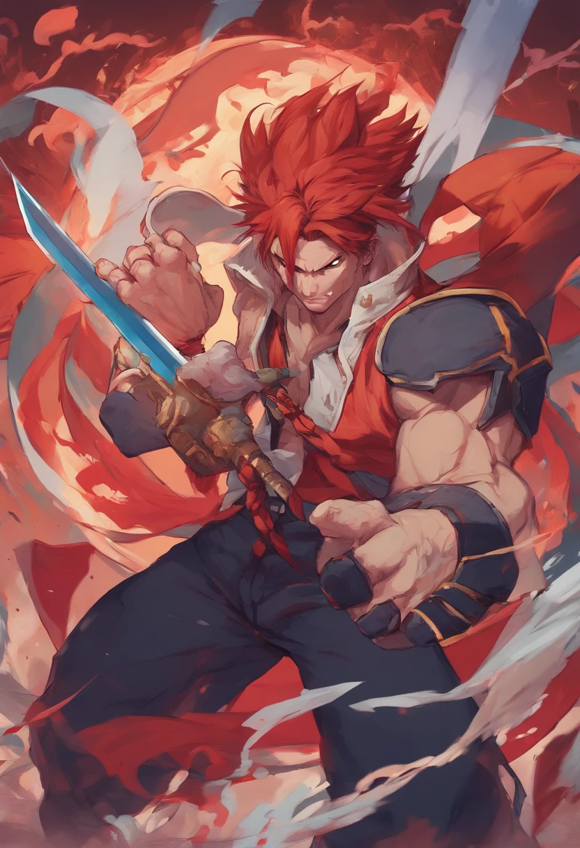 anime character with red hair and a sword in his hand, guilty gear art direction, guilty gear strive splash art, detailed digital anime art, detailed anime character art, stunning character art, by Yang J, 2. 5 d cgi anime fantasy artwork, epic exquisite character art, fanart best artstation, guilty gear art style, trending on artstation pixiv