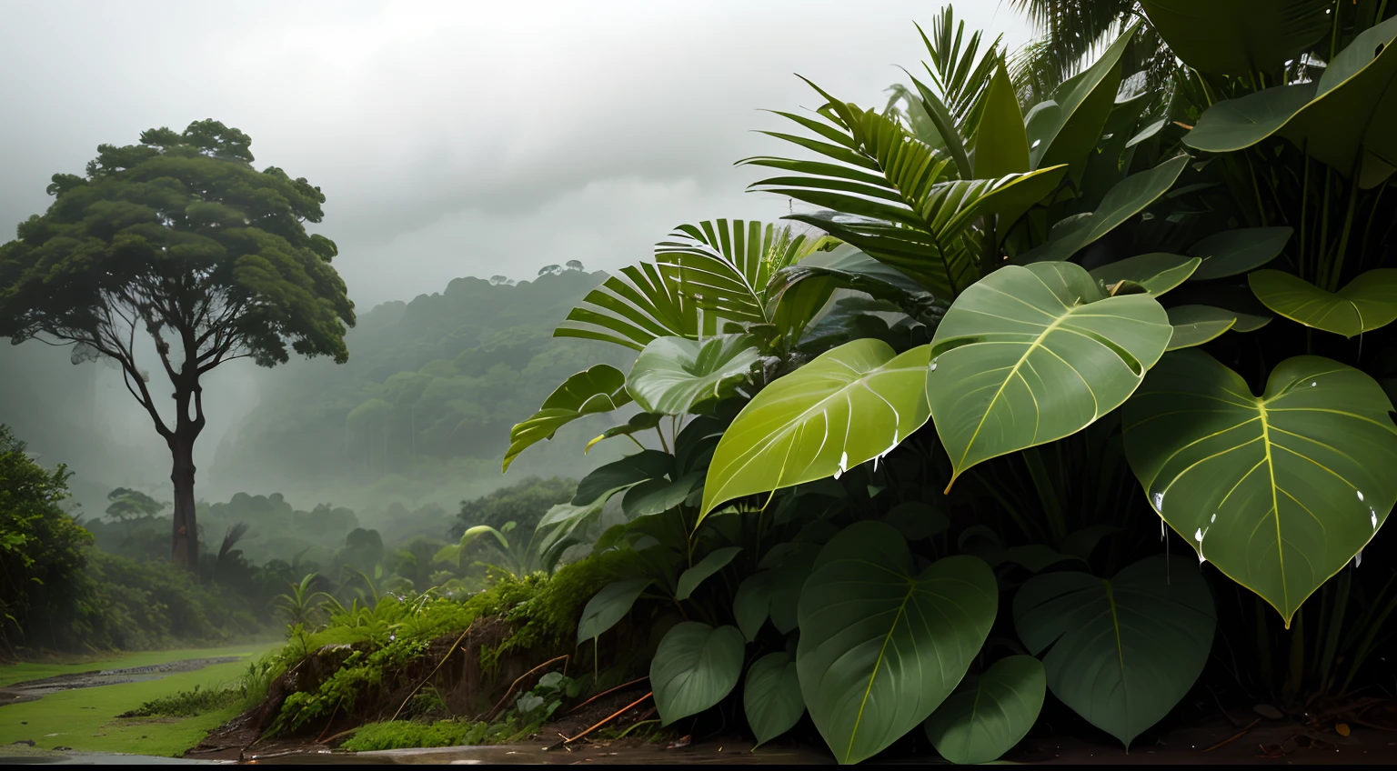 Overcast skies with strong storm in a rainforest, humid environment, gotas de chuva, plants and trees wet from the rain.