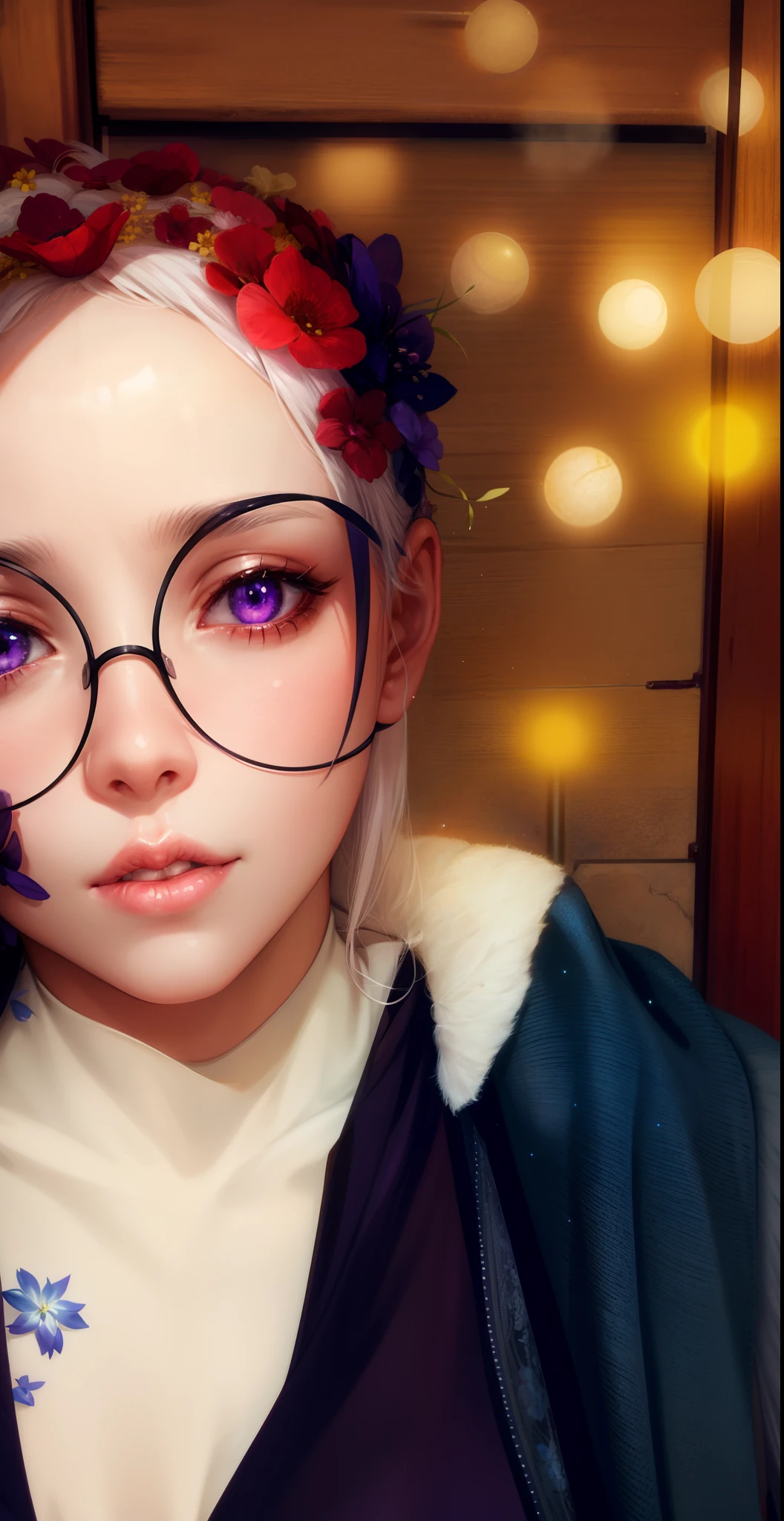 realistic, 1girl, white hair, purple eyes, glowing eyes, crop top, skirt, parted lips, blush, night, flowers, sun, sunlight,