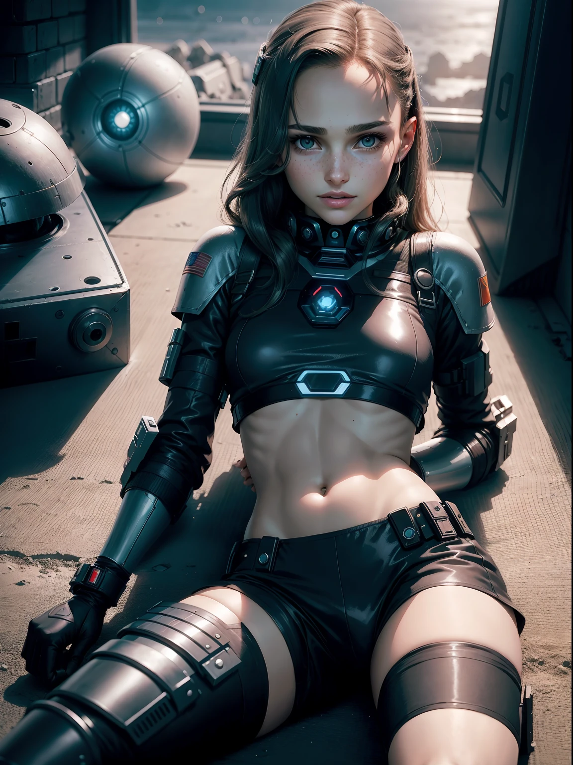 teen natalie portman as a futuristic future police girl soldier. gentle smile. (lying down). (Moon night desolation). freckles. slender and beautiful. robotic shorts.