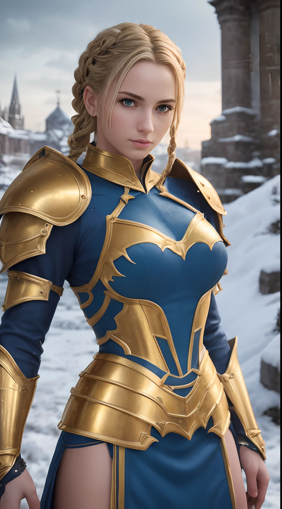 Photorealistic Selfie Image of Gorgeous British Female Knight, (Braided Blonde Hair:1.4), (One Person), (Golden Ornated Knight armor with Blue Inner Dress:1.4), (Serious Face), (Athletic Body:1.4), (Pale Skin:1.4), (Detailed Luminescent Particles:1.4), (Vibrant Colors:1.3), (Dynamic Pose:1.4), (Snowy Cathedral at Noon:1.4), Centered, (Half Body Shot), (From Front Shot:1.4), Insane Details, Intricate Face Detail, Intricate Hand Details, Cinematic Shot and Lighting, Realistic Colors, Masterpiece, Sharp Focus, Ultra Detailed, Taken with DSLR camera, Realistic Photography, Depth of Field, Incredibly Realistic Environment and Scene, Master Composition and Cinematography