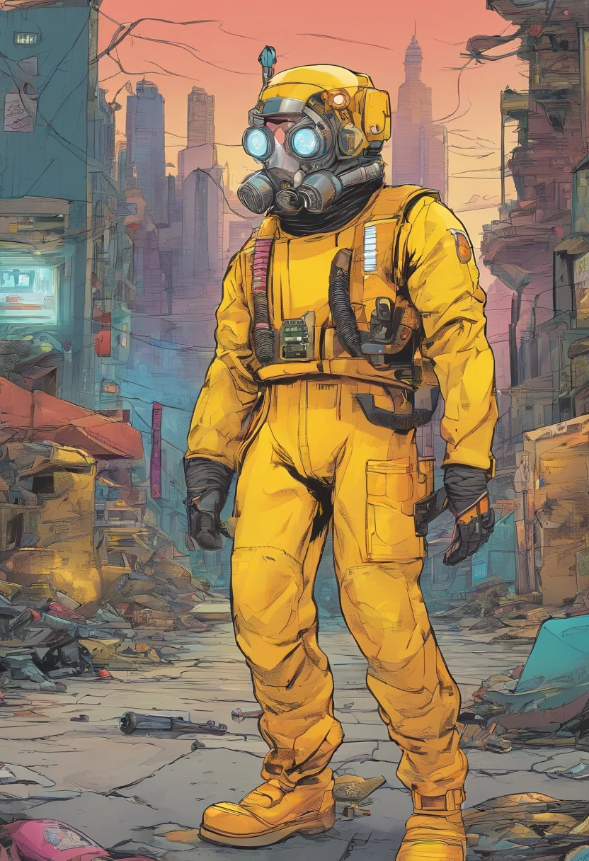 Man in yellow lead suit holding a geiger counter with a pet robot by his cyberpunk-style side in a destroyed city, por de sol alaranjado, estilo cyberpunk, luzes led, soldados no fundo patrulhando o local