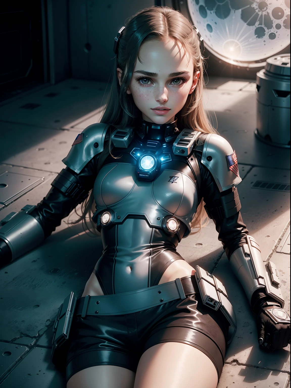 teen natalie portman as a futuristic future police girl soldier. gentle smile. (lying down). (Moon night desolation). freckles. slender and beautiful. robotic shorts.