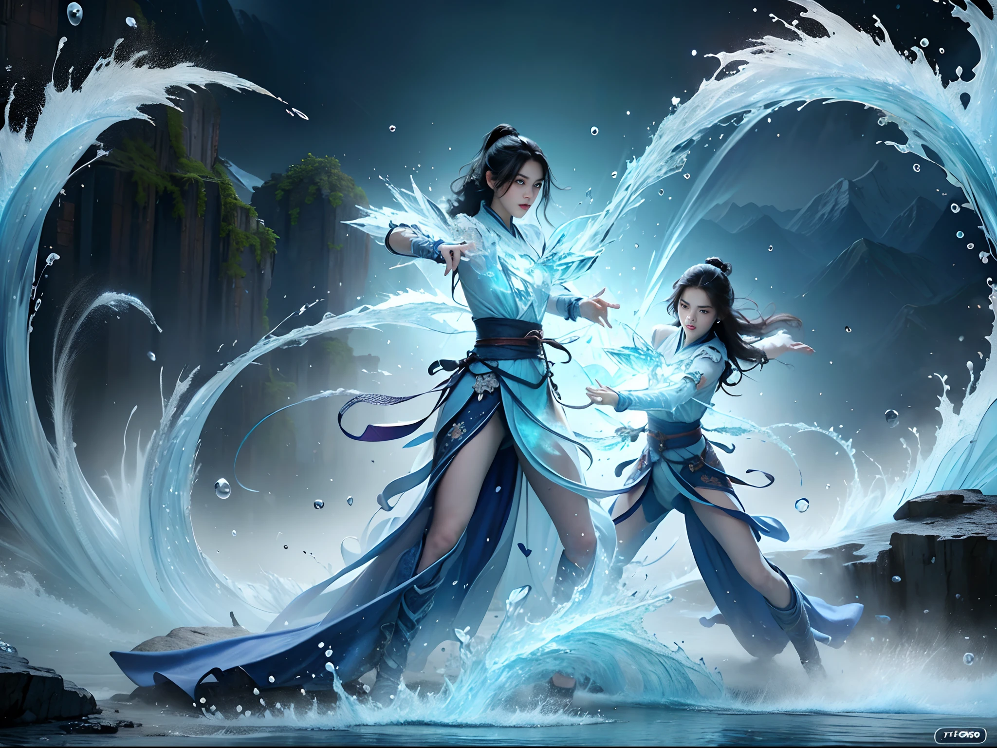 2 beautiful teen girls, fighting, full body, slim body, detailed and accurate depth of fields，8K, A high resolution, masterpiece, beautiful wallpapers, high quality, high detail, the perfect face, crystallineAI, fractal art, splash, yushui, river, fighting pose